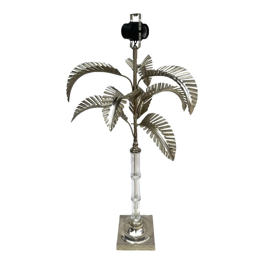 Hollywood Regency Chrome/Glass Palm Tree Table Lamp: Vintage 60's Silver metal palm tree table lamp with a bamboo form glass body and chrome base. Perfect modern look and great with a white or black shade. 30in h to socket 14in w leaf to leaf 5.5in base