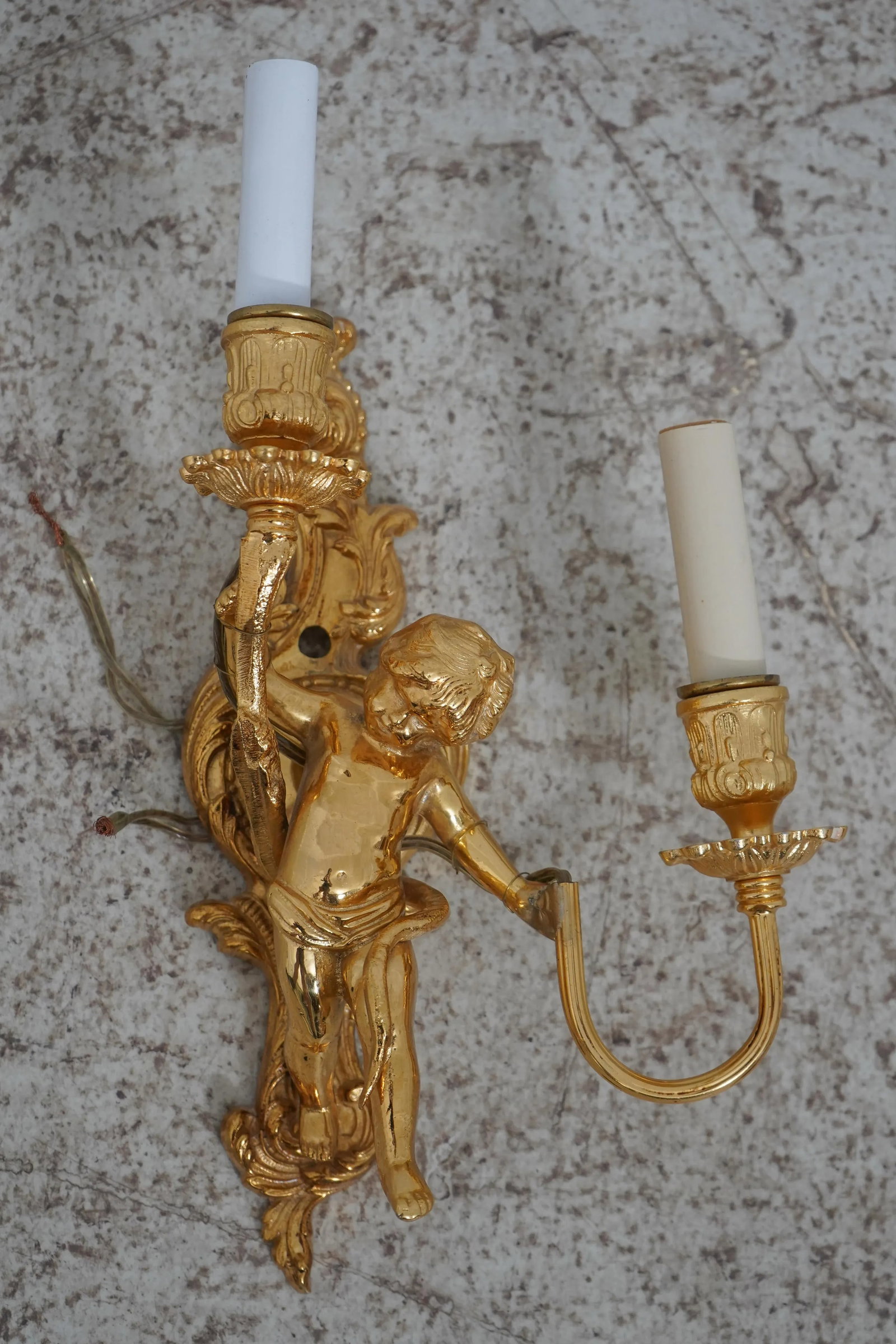 Pair Cherub 2 Arm Lighted Brass Wall Sconces - 4