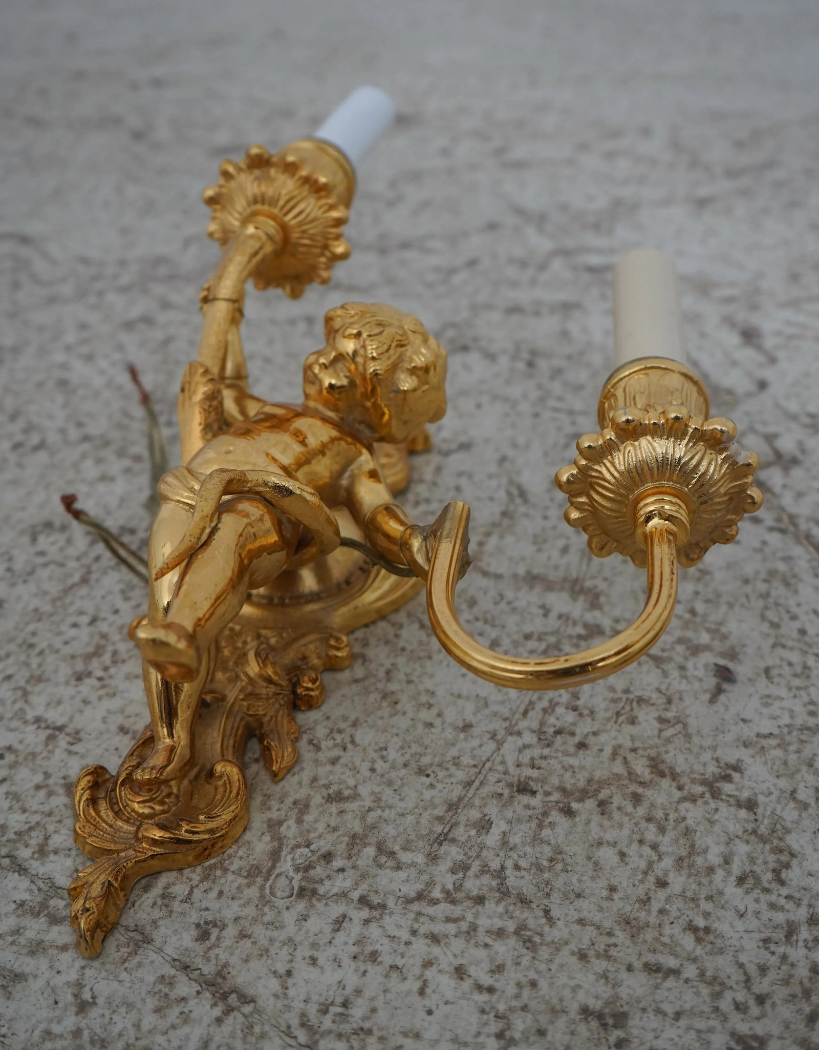 Pair Cherub 2 Arm Lighted Brass Wall Sconces - 5