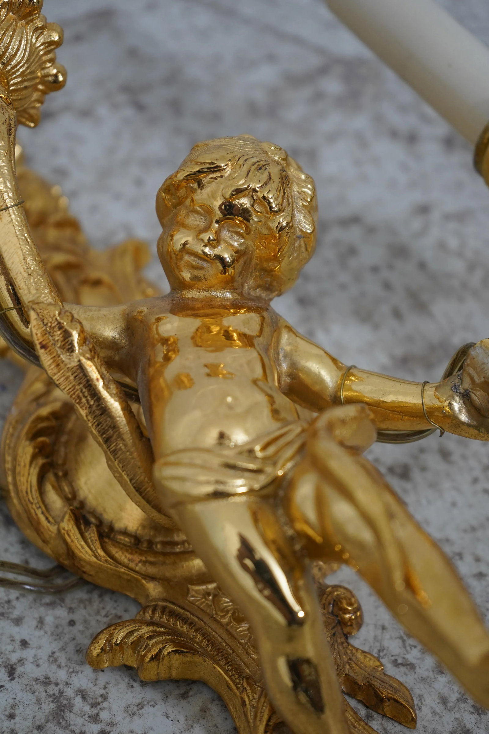 Pair Cherub 2 Arm Lighted Brass Wall Sconces - 6