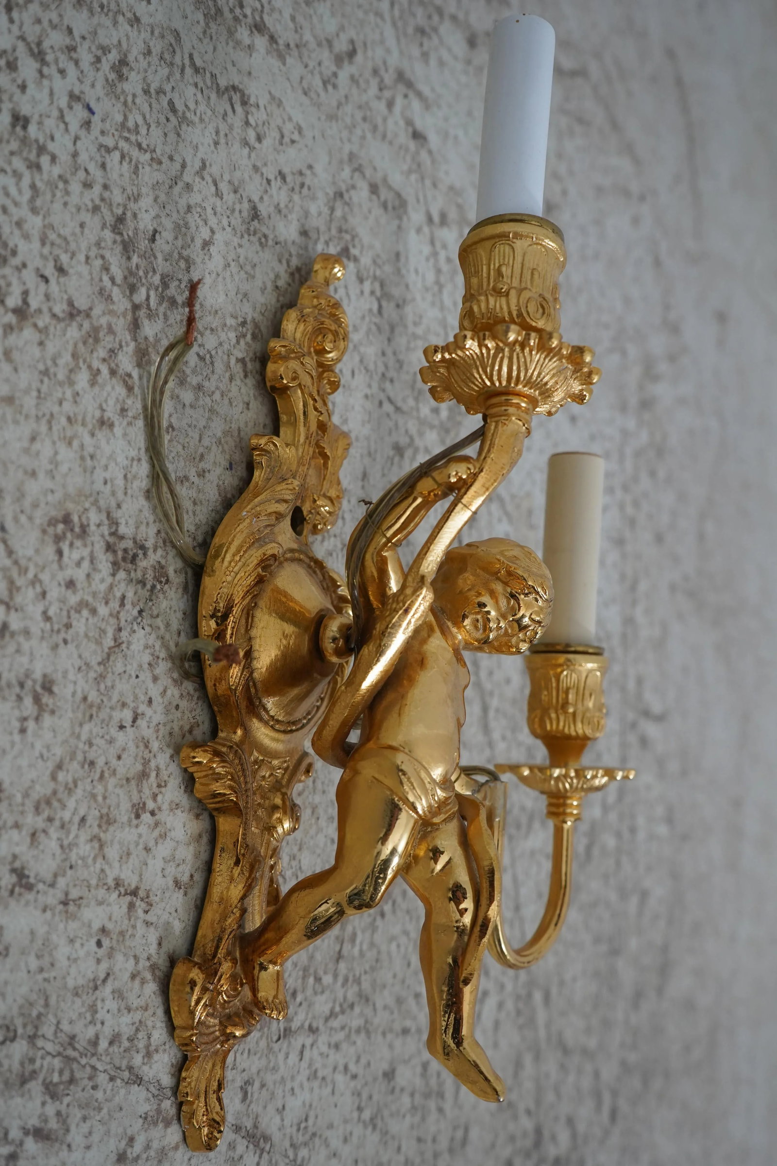 Pair Cherub 2 Arm Lighted Brass Wall Sconces - 7