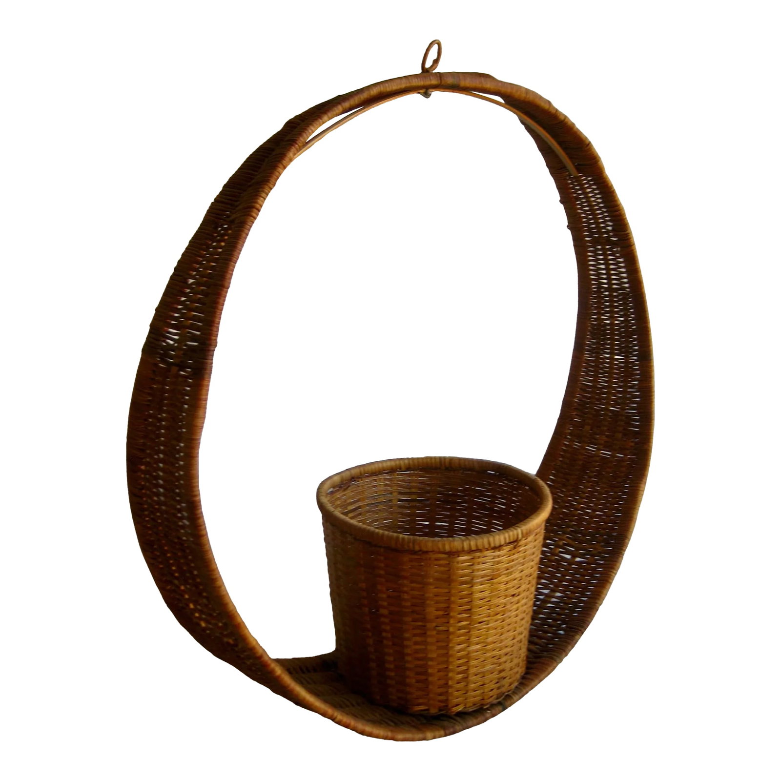 Mid Century Modern Wicker Hanging Plant Holder: This is a very lovely and unusual piece for a plant stand meant to be hanging from the ceiling in a round shape with a cup in the middle it s for sure a very estetique and elegant wicker piece , it