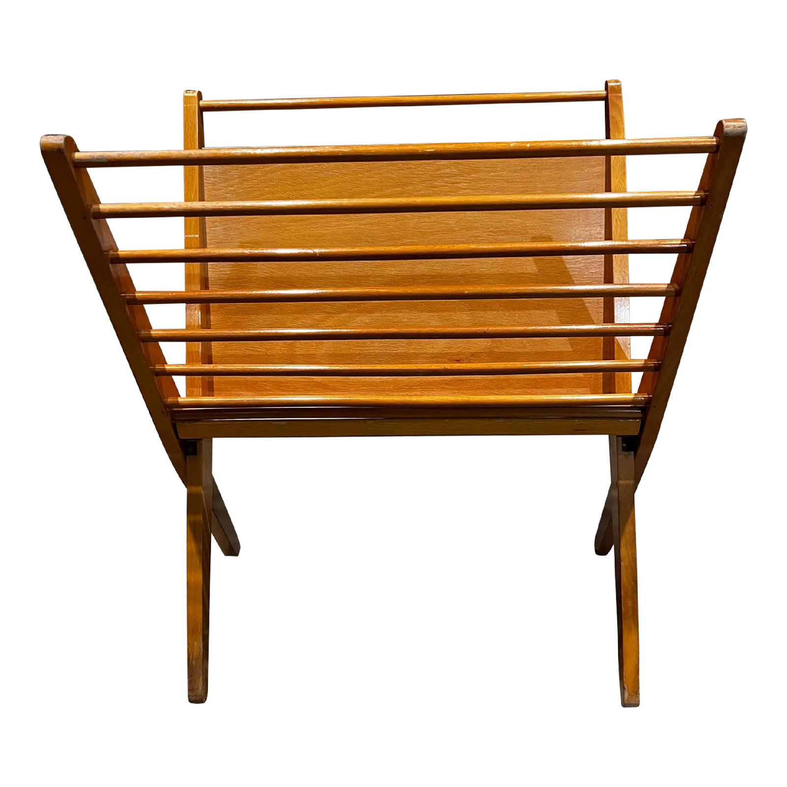 Sculptural Folding Magazine Rack in Blonde Wood, Mid-Century 1960s: For your consideration, a sculptural folding wooden magazine rack. It features clean, geometric lines heavily influenced by prominent Mid-Century Modern creators like Paul McCobb, Cees Braakman, and N