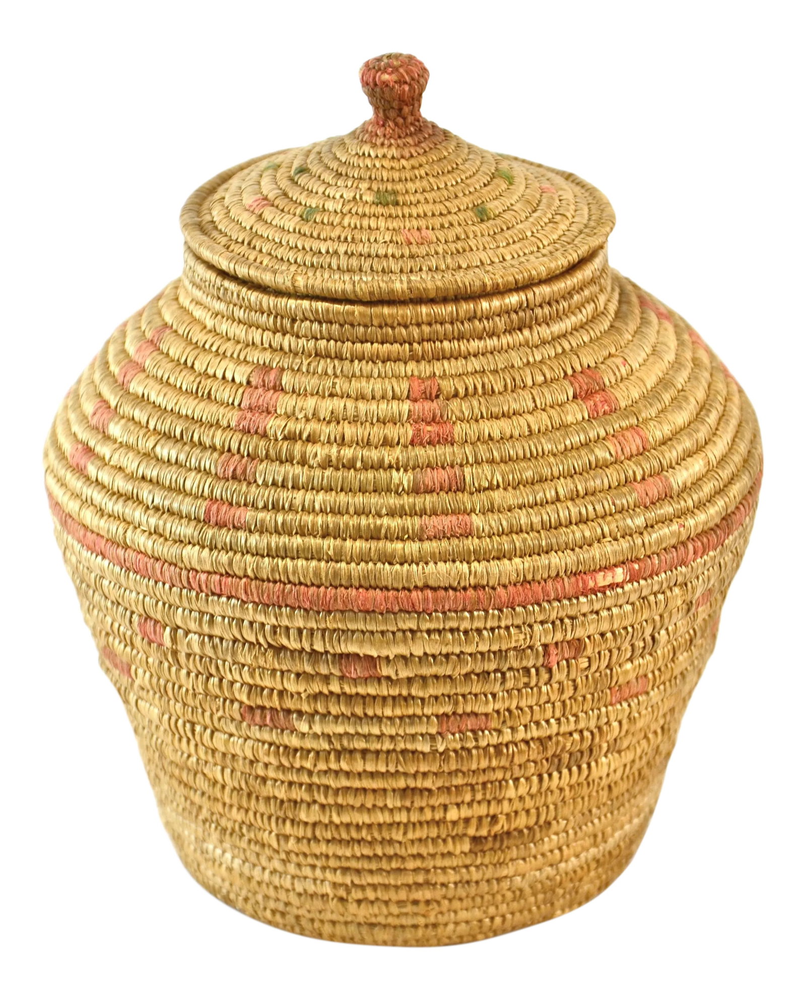 Native American Style Hand Woven Lidded Jar: Native American finely woven lidded jar in natural with aqua-green and magenta accents. Wonderfull in a country farmhouse or western cabin lodge setting. No maker's marks. Light wear with exterior fad