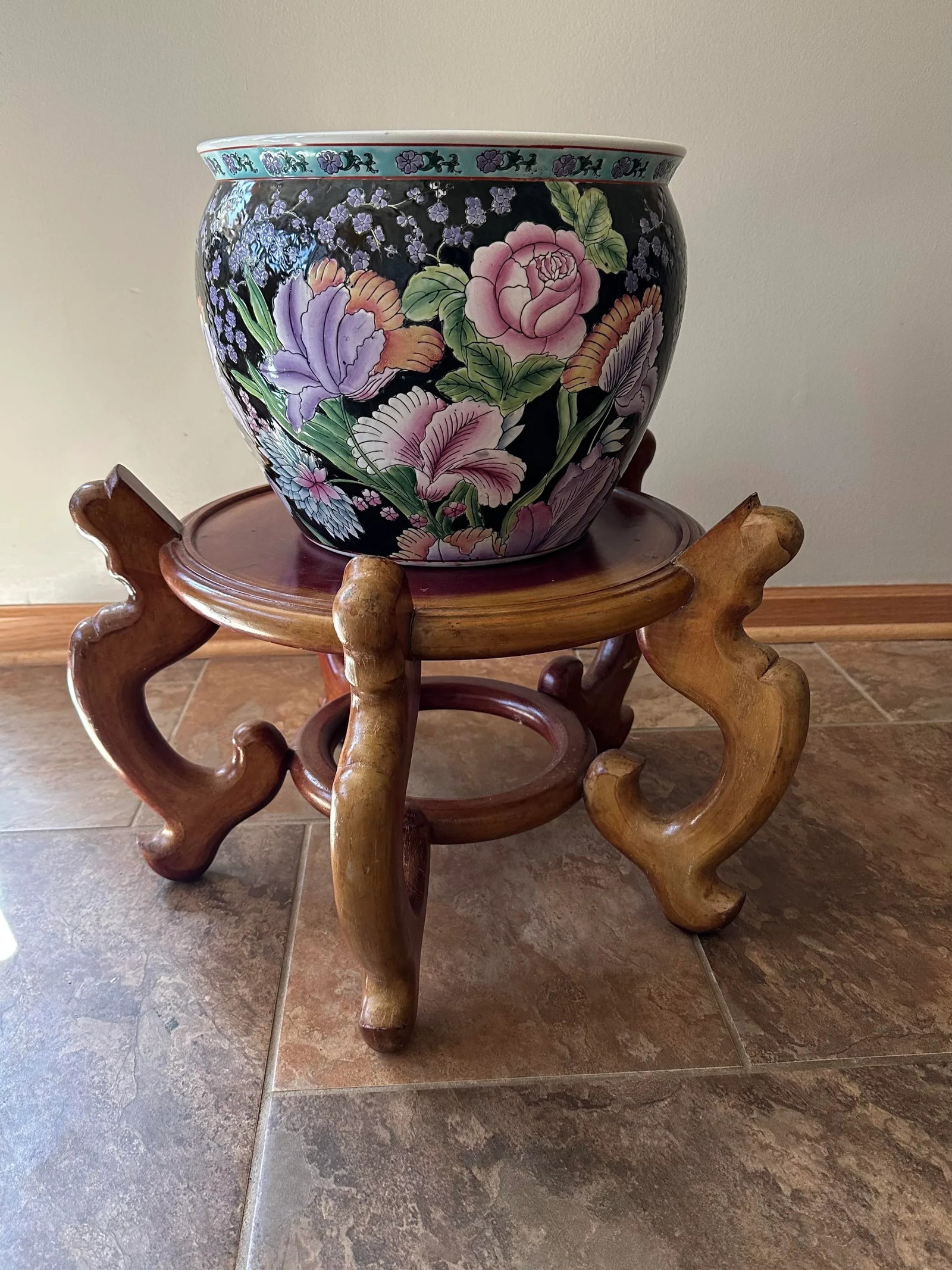 Large Chinese Rosewood Carved Pedestal Base Stand Fish Bowl Planter Jardiniere - 12