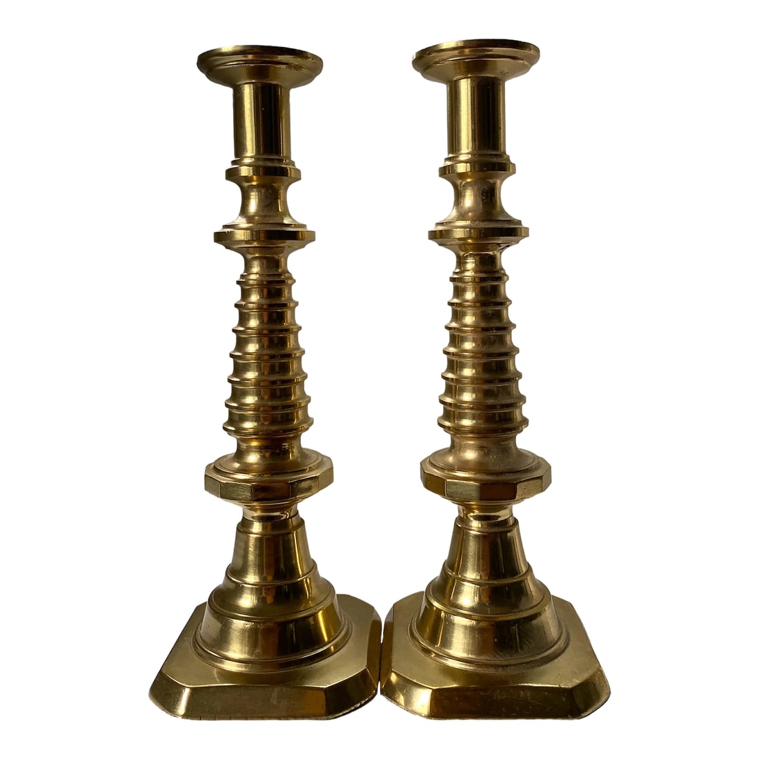 1970s Solid Brass Tall Brutalist Candlestick Holders - a Pair (1 of 8)