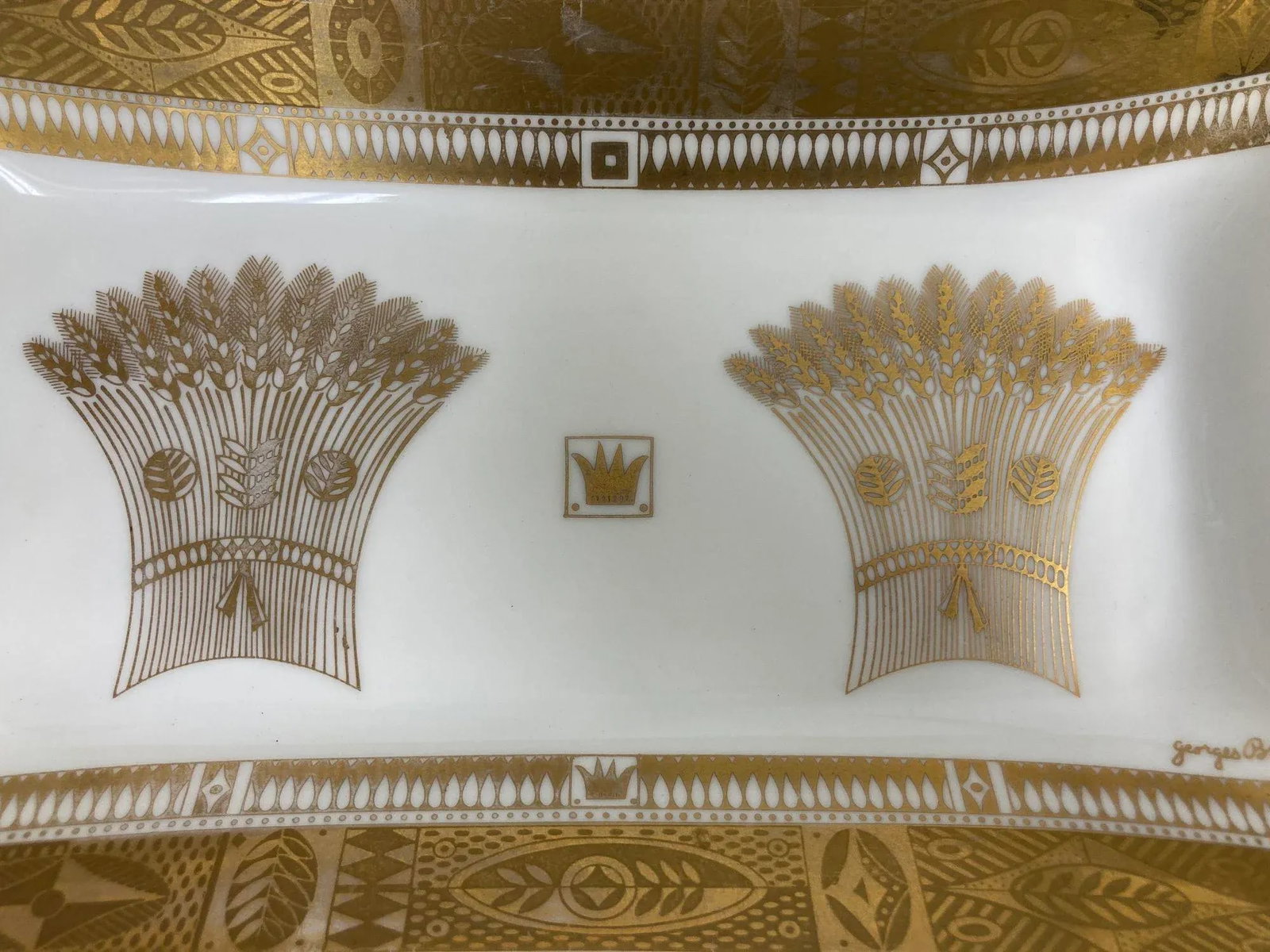 1960s Georges Briard Milk Glass Bowl With Golden Harvest Design Art Deco Style - 4