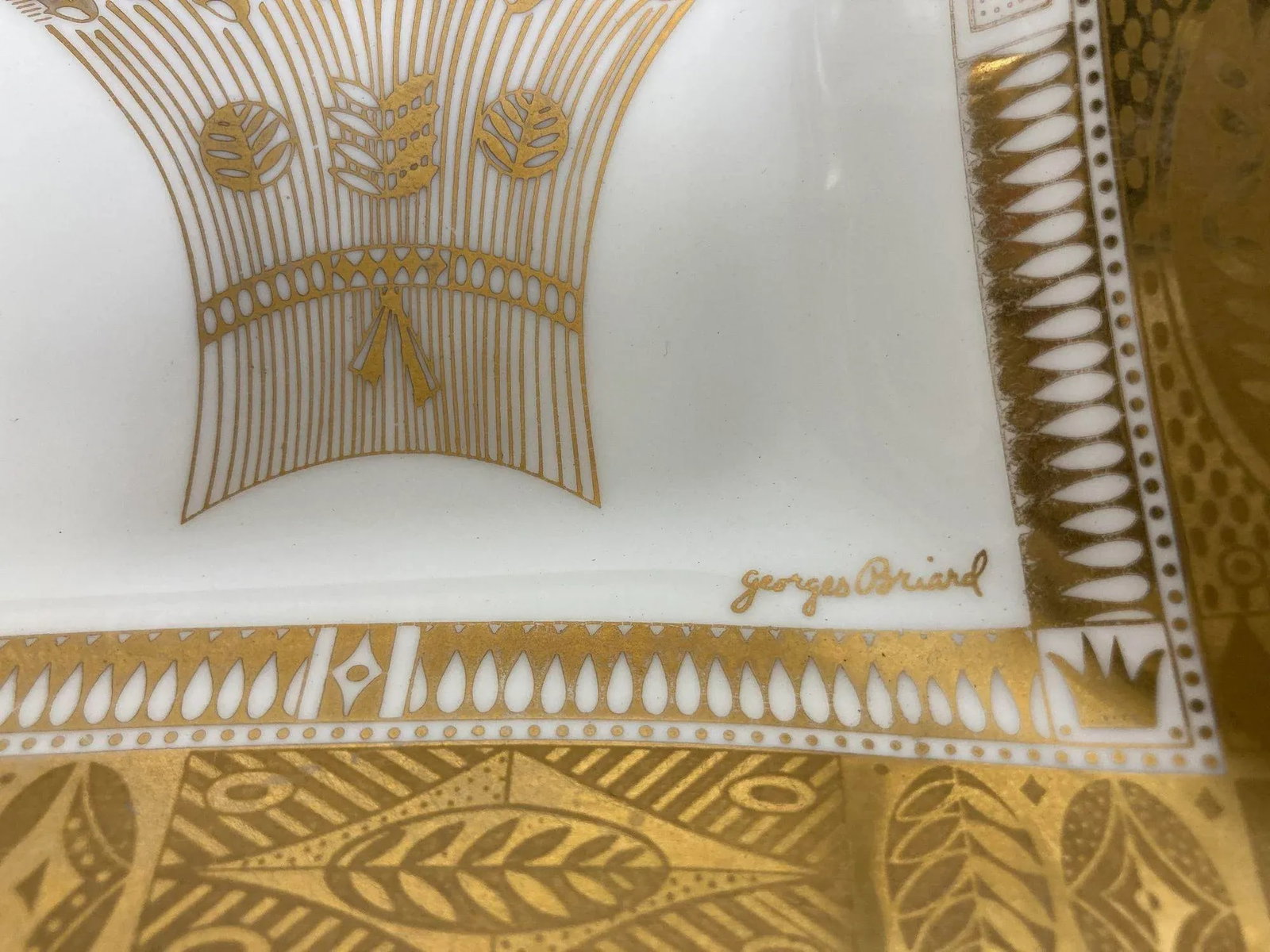 1960s Georges Briard Milk Glass Bowl With Golden Harvest Design Art Deco Style - 5