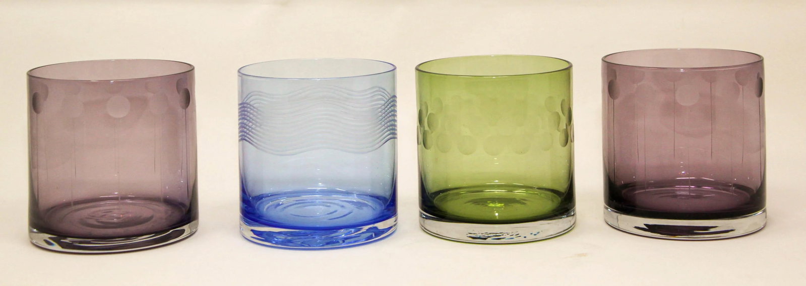 Set of Four Vintage Drinking Colored Crystal Glasses With Etched Design - 12