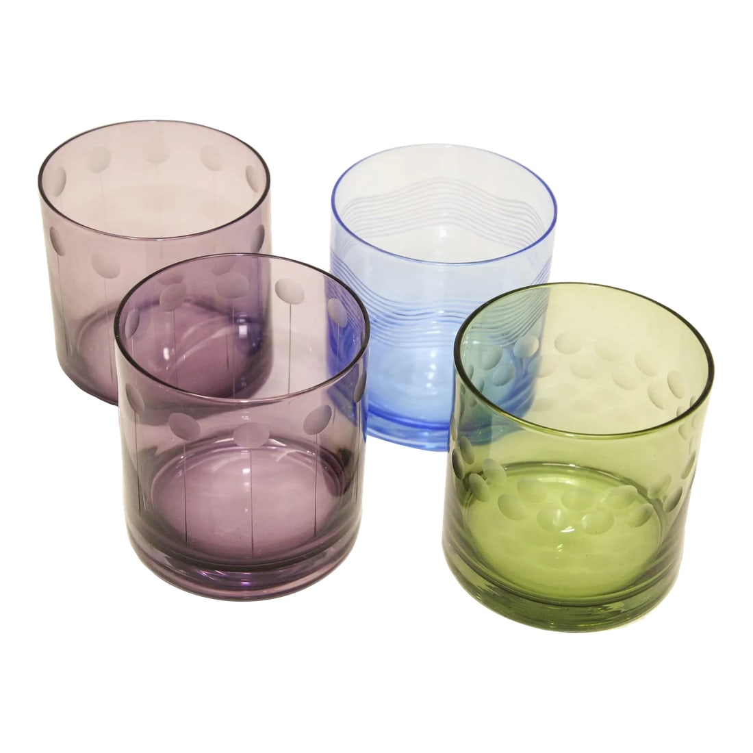 Set of Four Vintage Drinking Colored Crystal Glasses With Etched Design: Set of four vintage whiskey colored glasses, double old fashioned crystal glasses with etched design. Colored blown crystal glasses featuring different colors with etchings in the glass. Great to use 