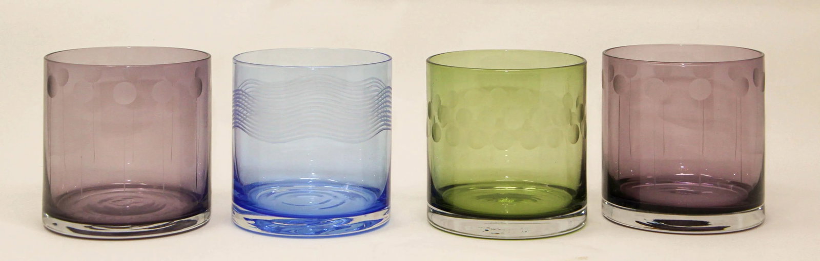Set of Four Vintage Drinking Colored Crystal Glasses With Etched Design - 2