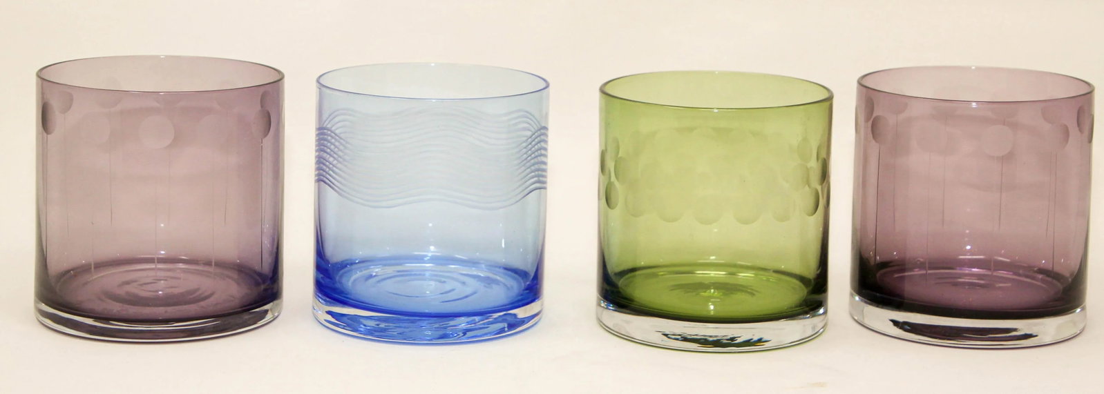 Set of Four Vintage Drinking Colored Crystal Glasses With Etched Design - 3