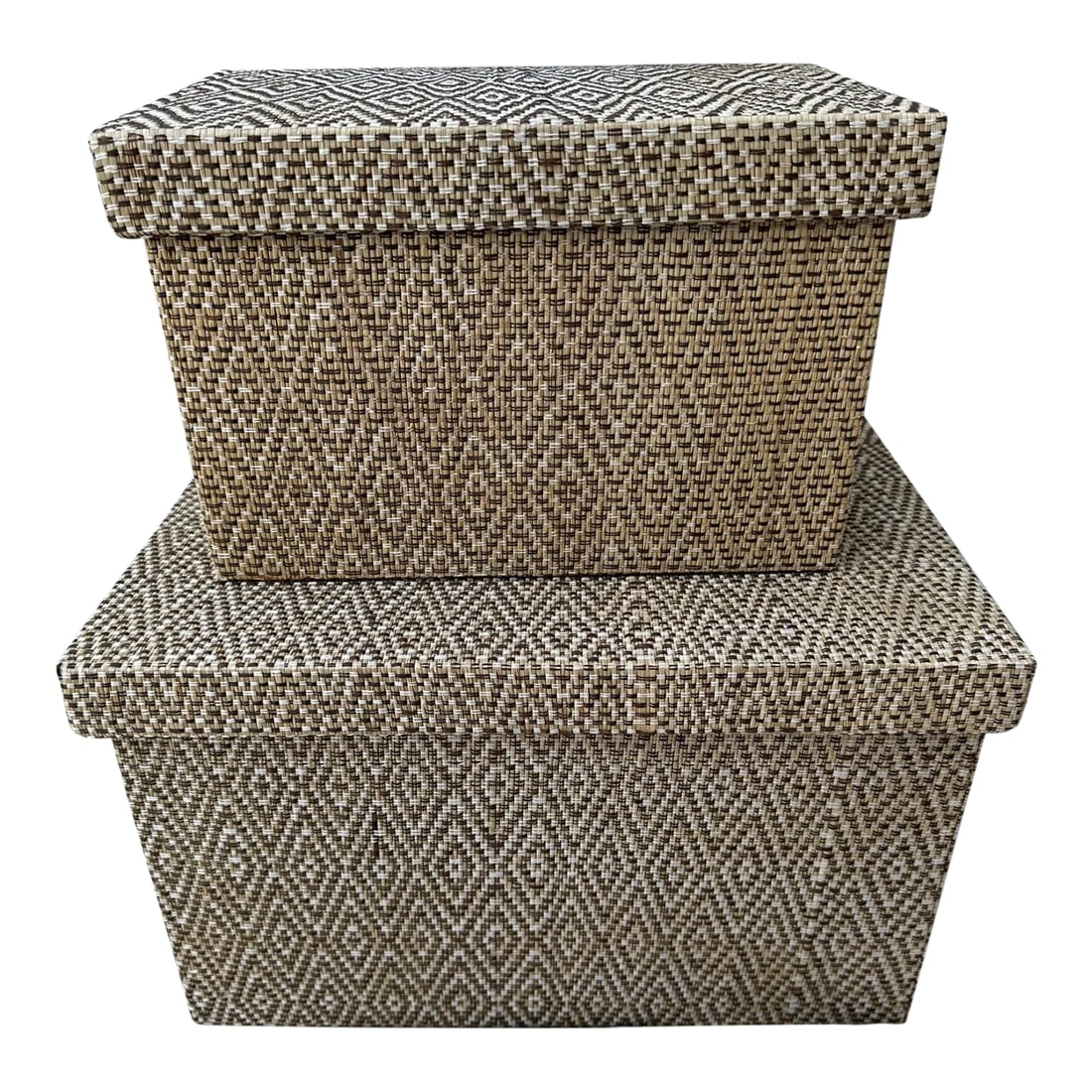 Pair of Woven Straw Nesting Boxes: Pair of Woven Straw Nesting Boxes with a diamond design. Perfect for display to hide your goodies. large-14.25in w x 8.75in h small-11in w x 7in h outside measurements Make sure to follow me, I have f