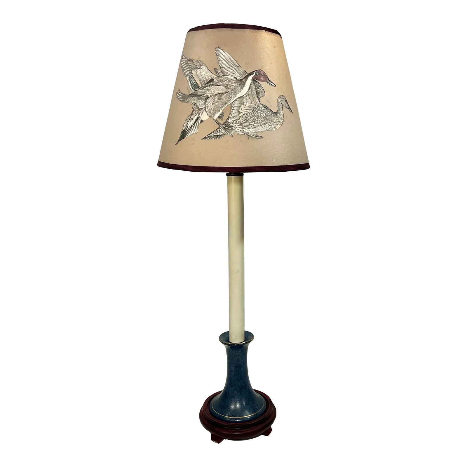 Vintage Candlestick Table Lamp With Handmade Shade With American Pintail Ducks: Welcome to Turtle and Crane! We are thrilled to introduce you to the exquisite Vintage Mid-Century Imperial Blue Candlestick Lamp with a Vintage Handmade Lamp Shade featuring American Pintail Ducks.