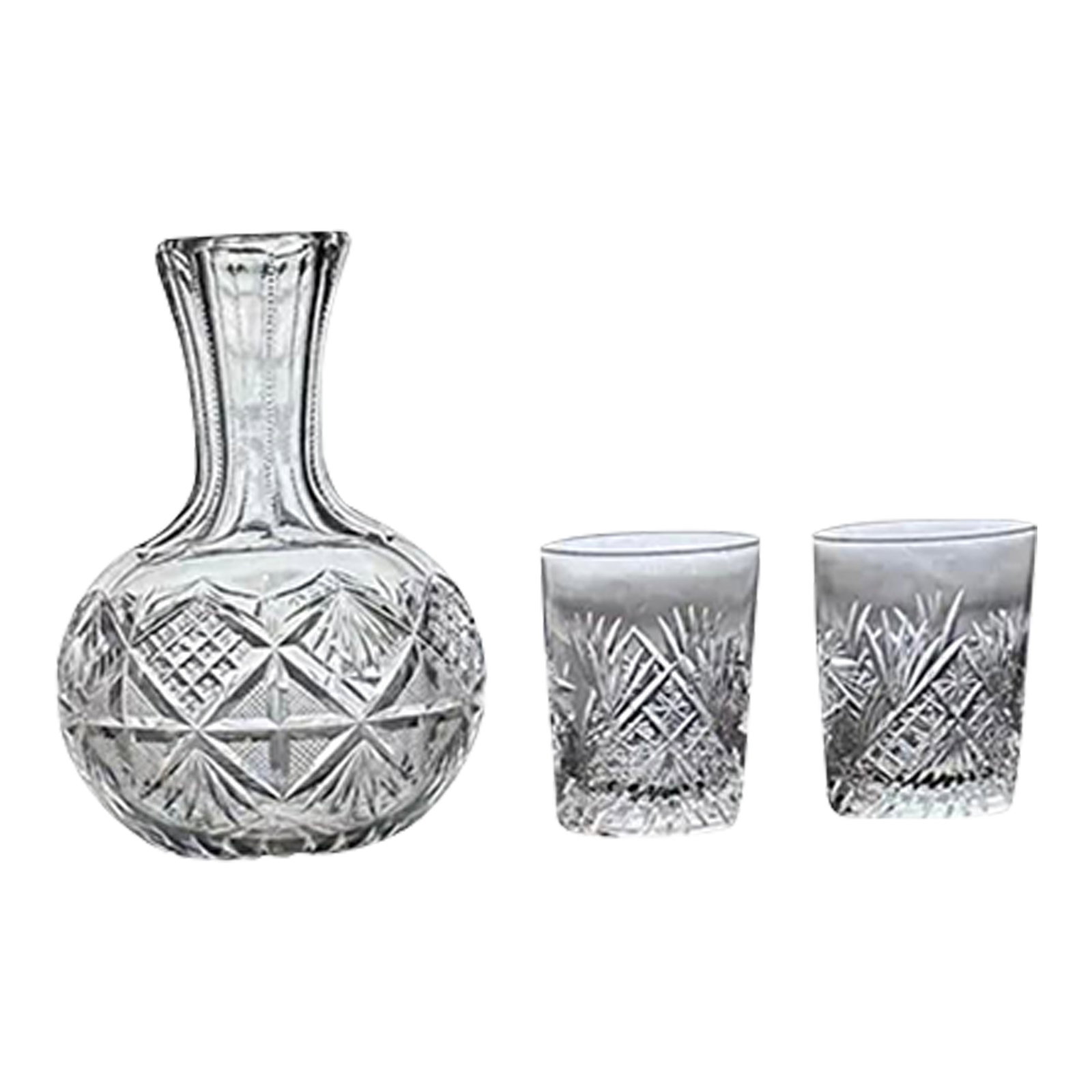 Circa 1899 Bergen Glass 'Beverley' American Brilliant Period Cut Crystal Carafe and Tumblers Set- 3: Antique cut crystal from American Brilliant period. The carafe is shown in the year 1899 JD Bergen catalog page 20. 'Beverley' pattern. 8" high x 5.75 wide Tumblers 3.75@ x 3" wide Wine, water, juice