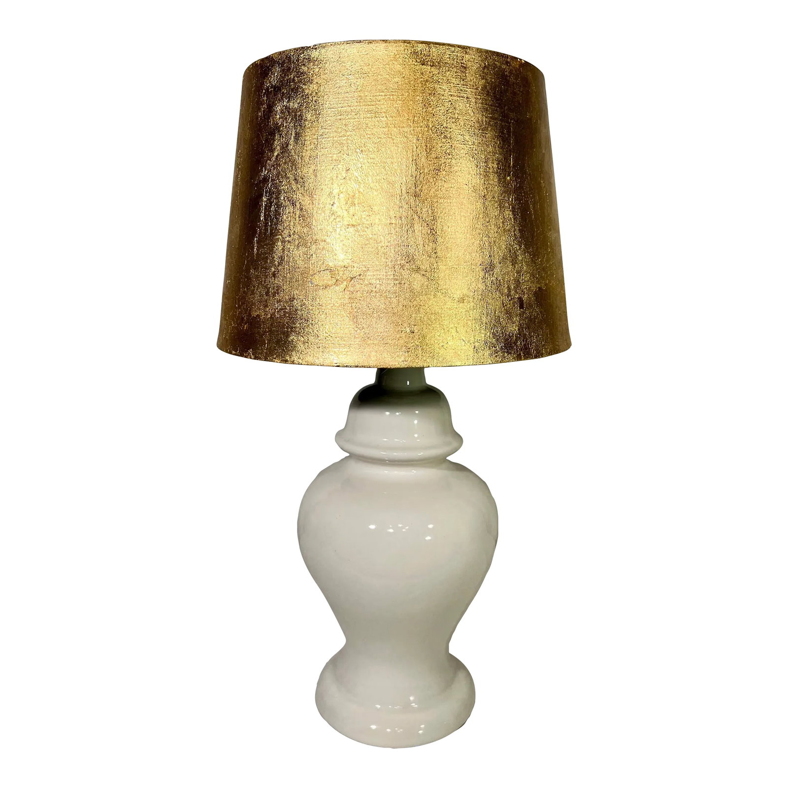 Vintage Mid-Century Small White Ginger Jar Lamp With Gold Gilded Shade: Presenting to you the most glamorous small white ginger jar lamp with hand gilded white shade. This ginger jar lamp is just waiting to take center stage wether that be in a powder bath a book case or