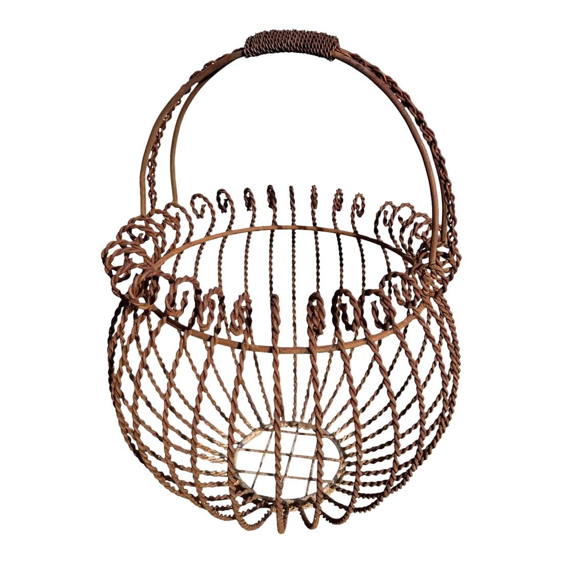 Vintage Iron Gathering Basket: Vintage Iron Gathering Basket with a rusty finish. Curly trim with twisted basket detail. Great for display outside with flowers. 21.5in h (to handle)x 16.25in round 12.5in inside top of basket
