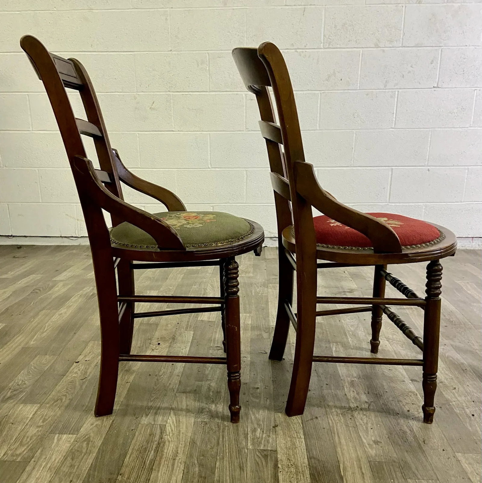 Antique 19th Century Victorian Needlepoint Ladderback Chairs - Pair - 11