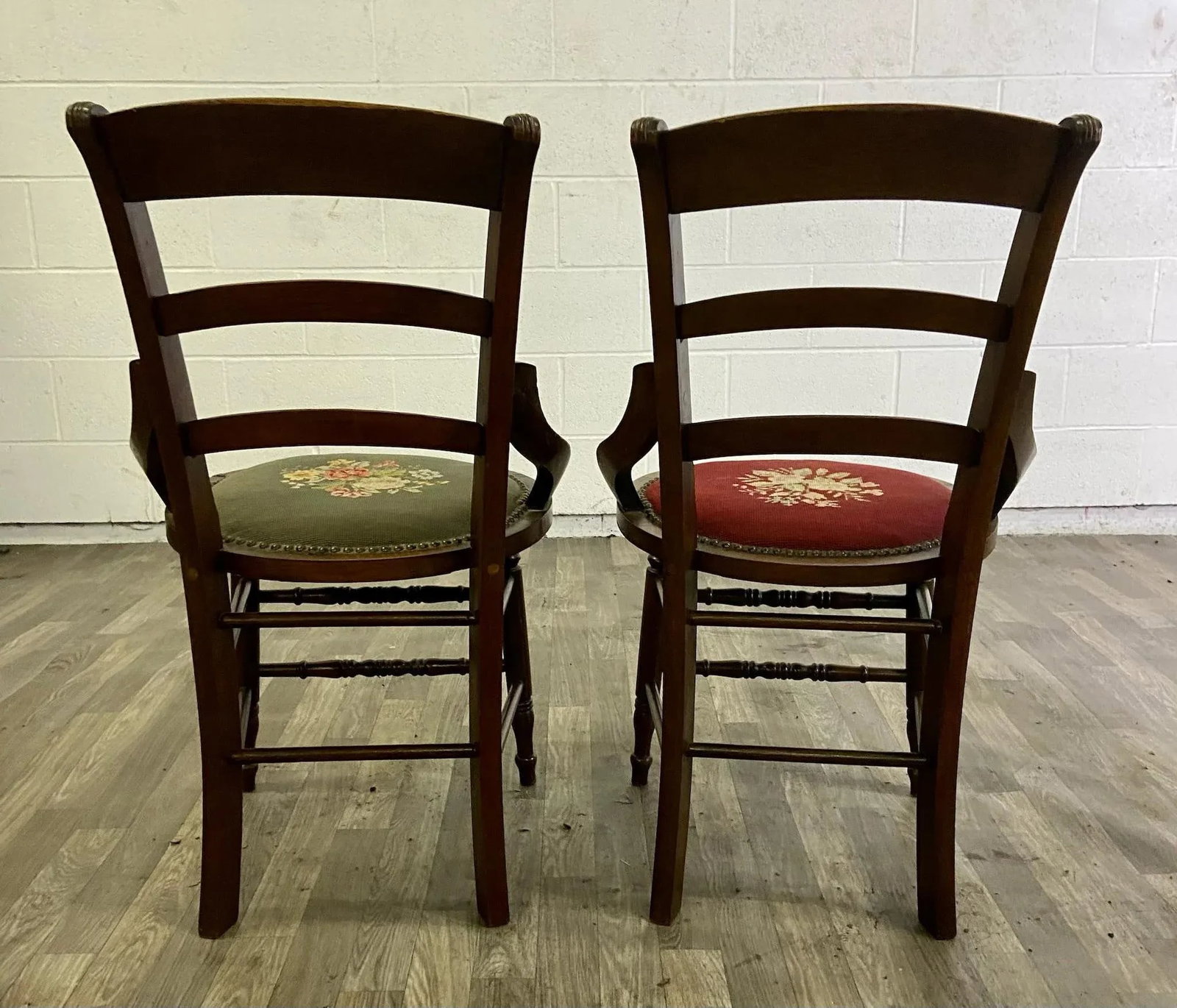 Antique 19th Century Victorian Needlepoint Ladderback Chairs - Pair - 12