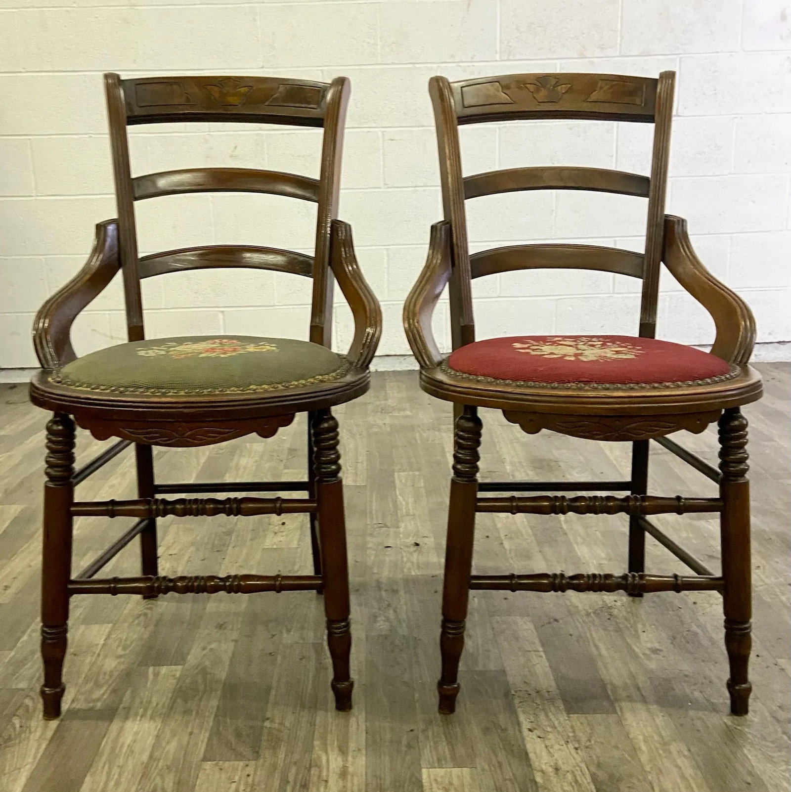 Antique 19th Century Victorian Needlepoint Ladderback Chairs - Pair - 13