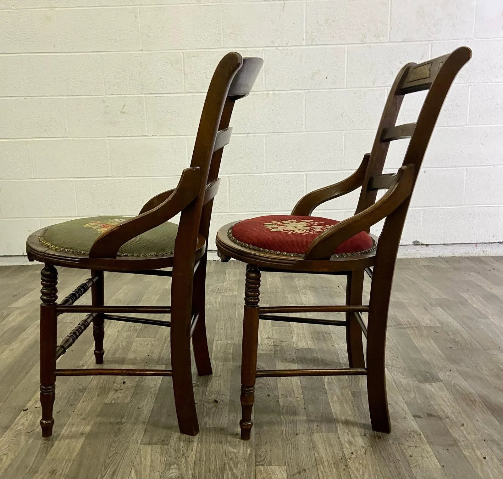 Antique 19th Century Victorian Needlepoint Ladderback Chairs - Pair - 2