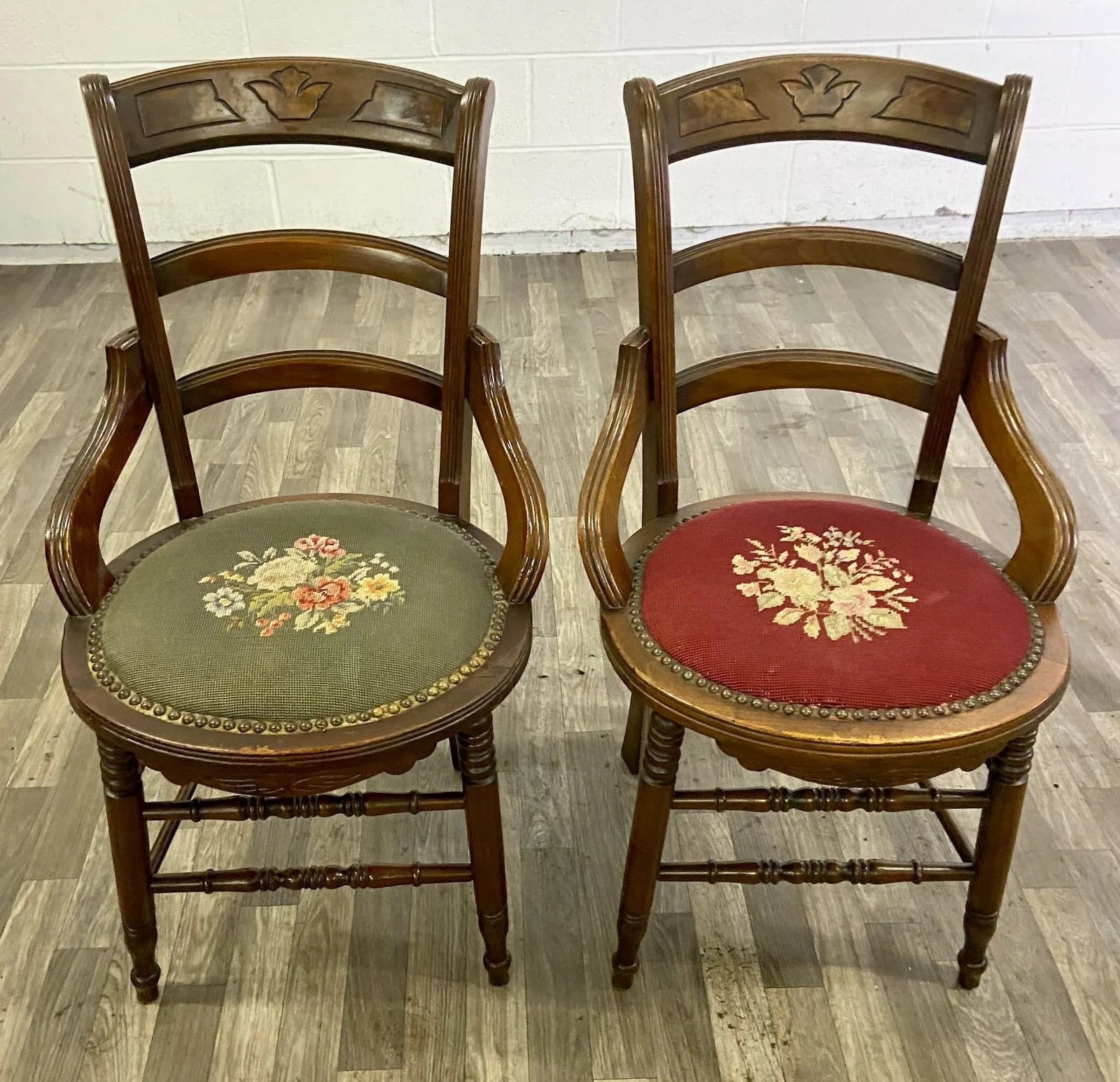 Antique 19th Century Victorian Needlepoint Ladderback Chairs - Pair - 3