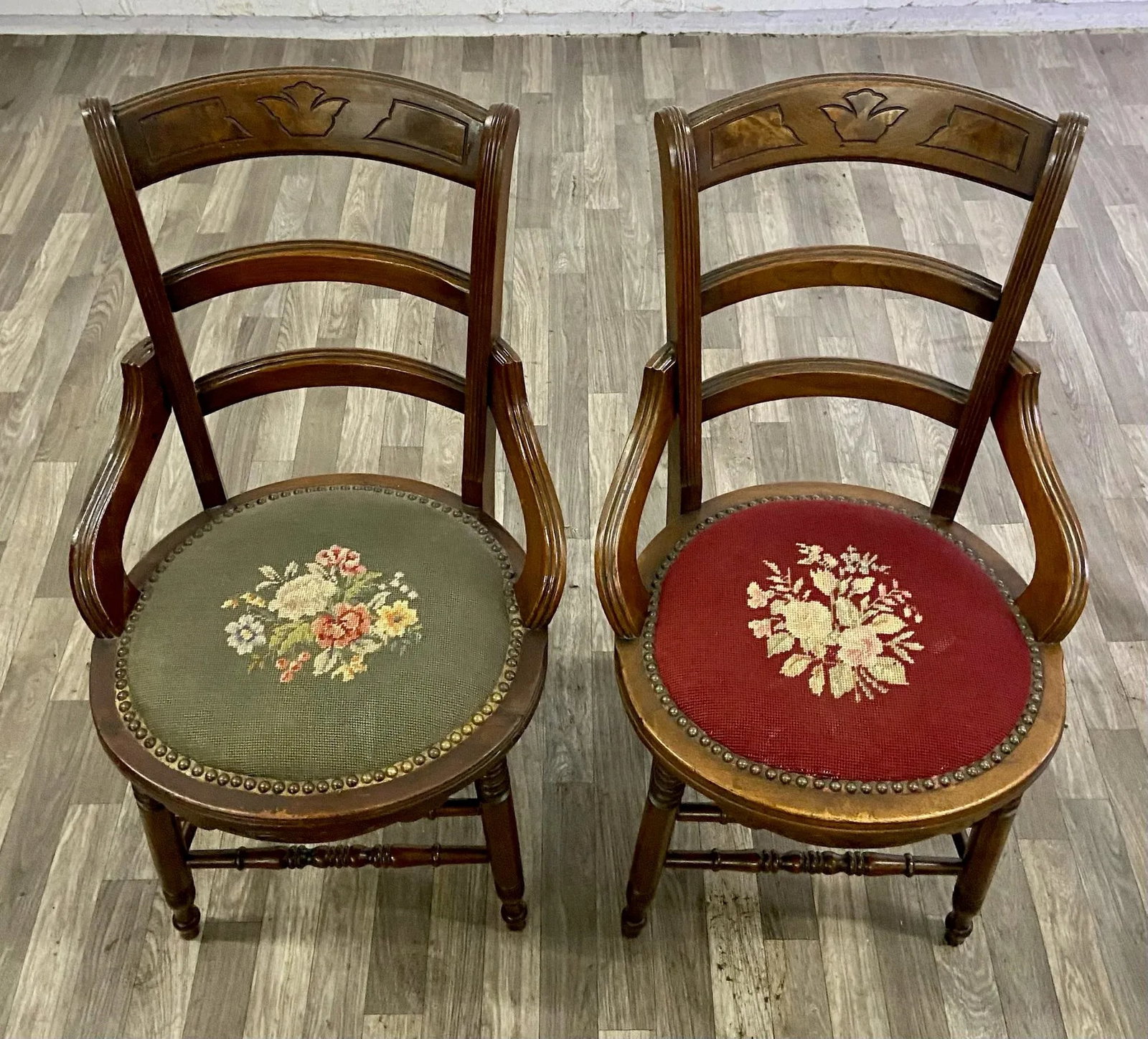 Antique 19th Century Victorian Needlepoint Ladderback Chairs - Pair - 4