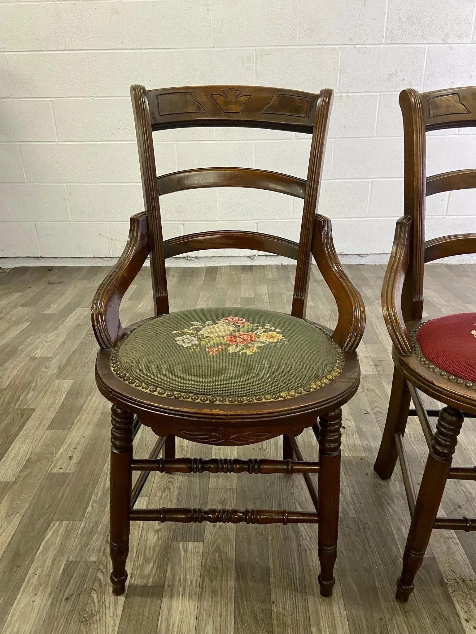 Antique 19th Century Victorian Needlepoint Ladderback Chairs - Pair - 5