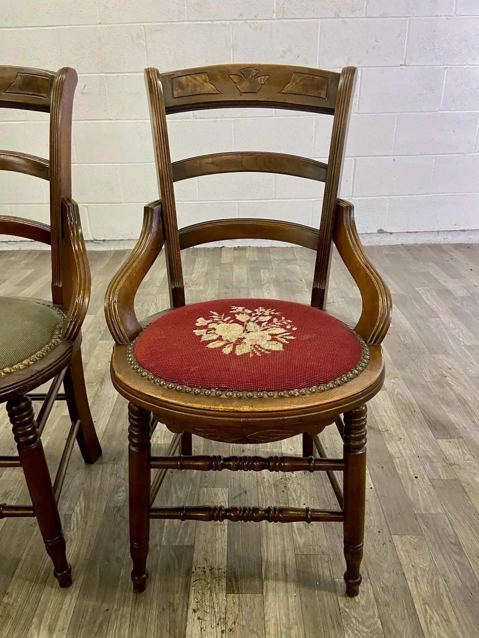 Antique 19th Century Victorian Needlepoint Ladderback Chairs - Pair - 6