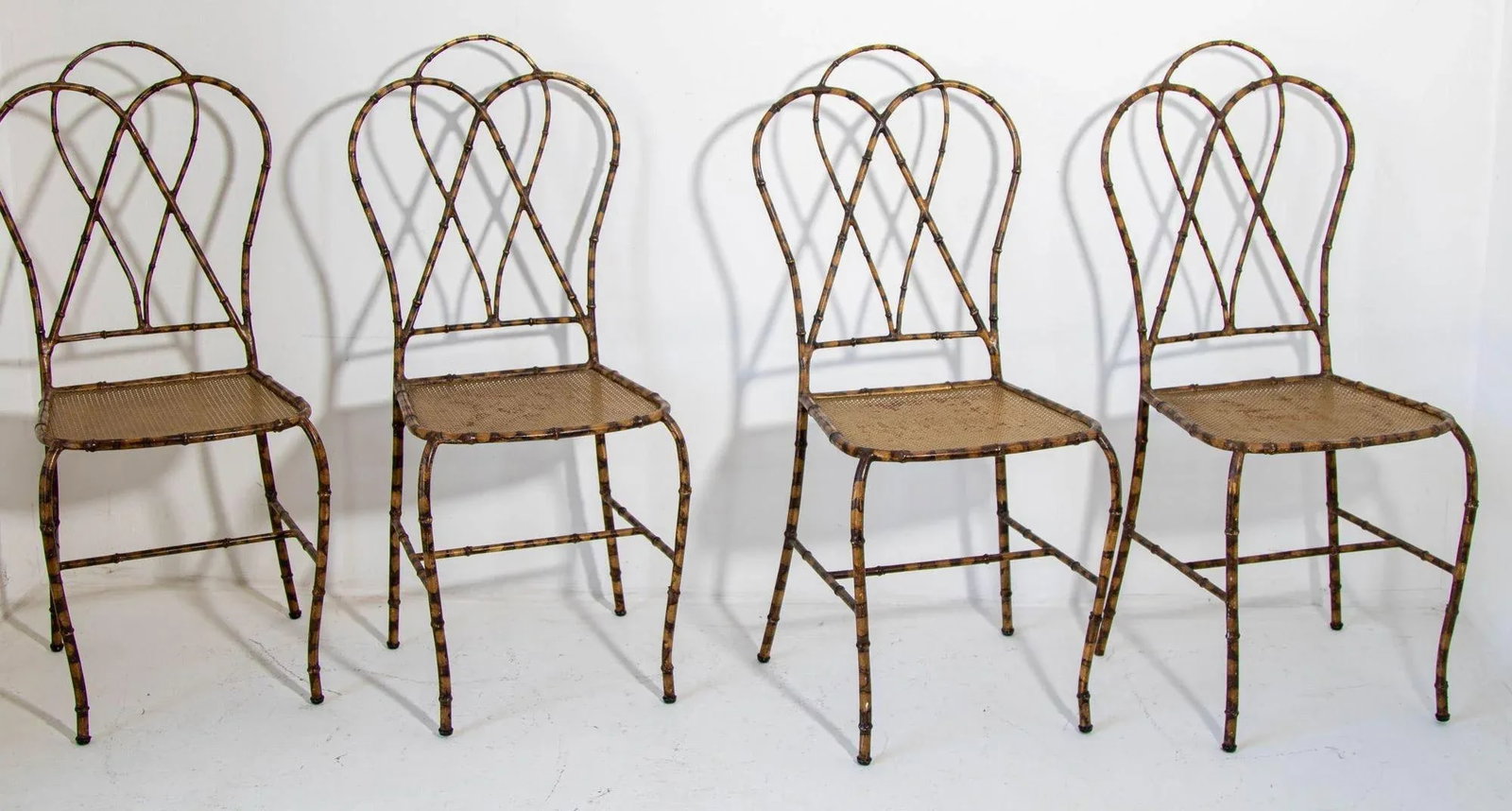 Italian Gilt Metal Faux Bamboo Dining Chairs 1950s Set of 4 - 2