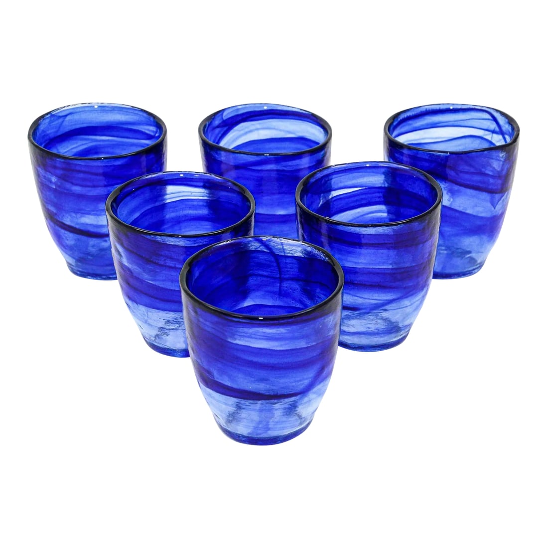 Handcrafted Double Old-Fashioned Cobalt Blue Set of 6 Glasses 1980s: Handcrafted Swirl-Infused Old-Fashioned Glasses in Cobalt Blue - Set of 6. These vintage Italian hand-blown drinking glasses boast a thick and heavy construction in captivating cobalt blue and clear