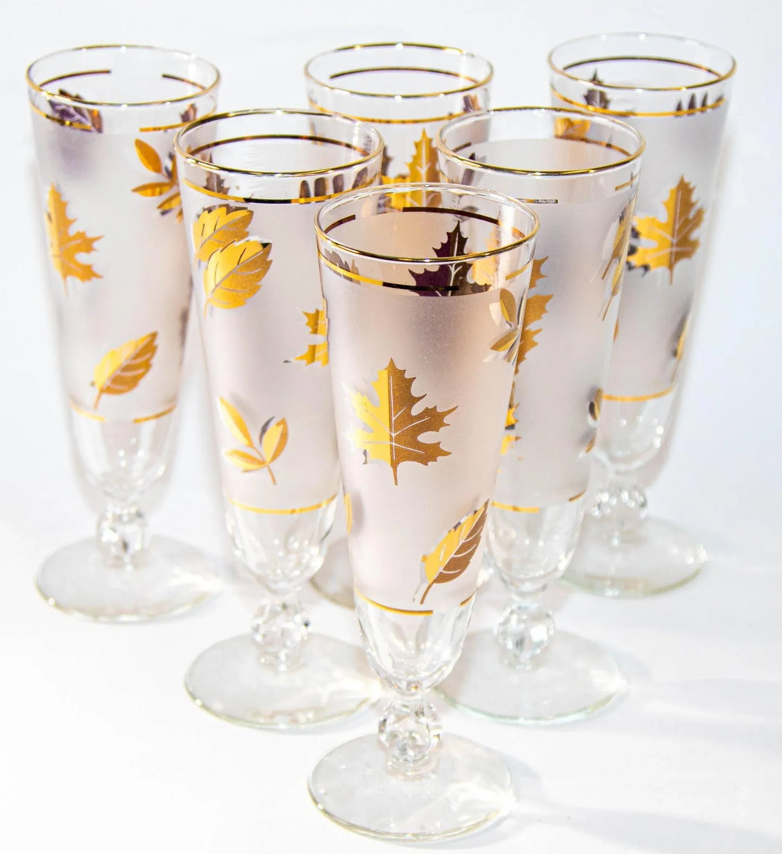 1950s Libbey Golden Foliage Pilsner Glass Set of 6 Frosted With Gold Leaf - 13