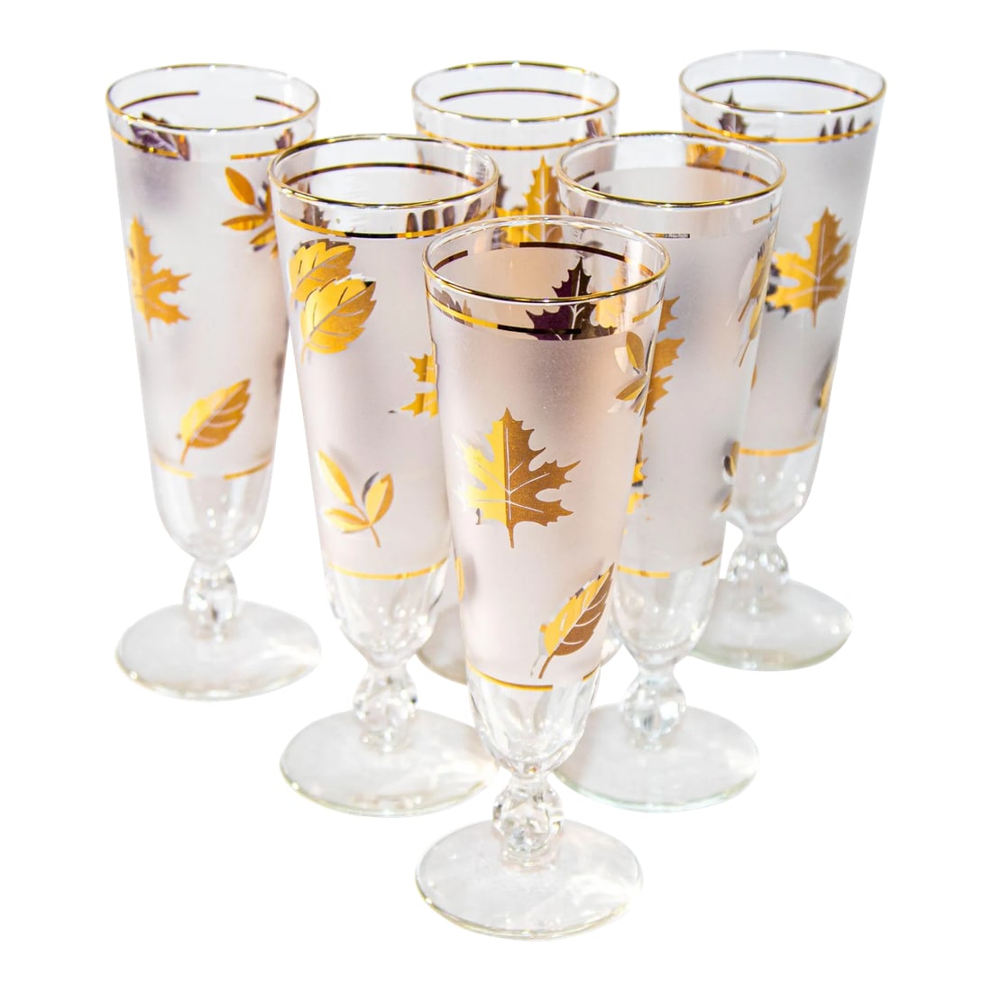 1950s Libbey Golden Foliage Pilsner Glass Set of 6 Frosted With Gold Leaf: Libbey Glass Company Golden Foliage Pilsner Glass set of 6 Frosted with Gold Leaf. Set of vintage pilsner glasses from Libbey in their Golden Foliage pattern. Libbey Golden Foliage collection Made in