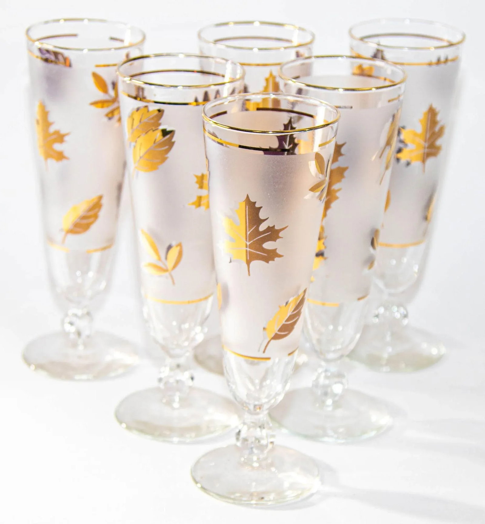 1950s Libbey Golden Foliage Pilsner Glass Set of 6 Frosted With Gold Leaf - 4