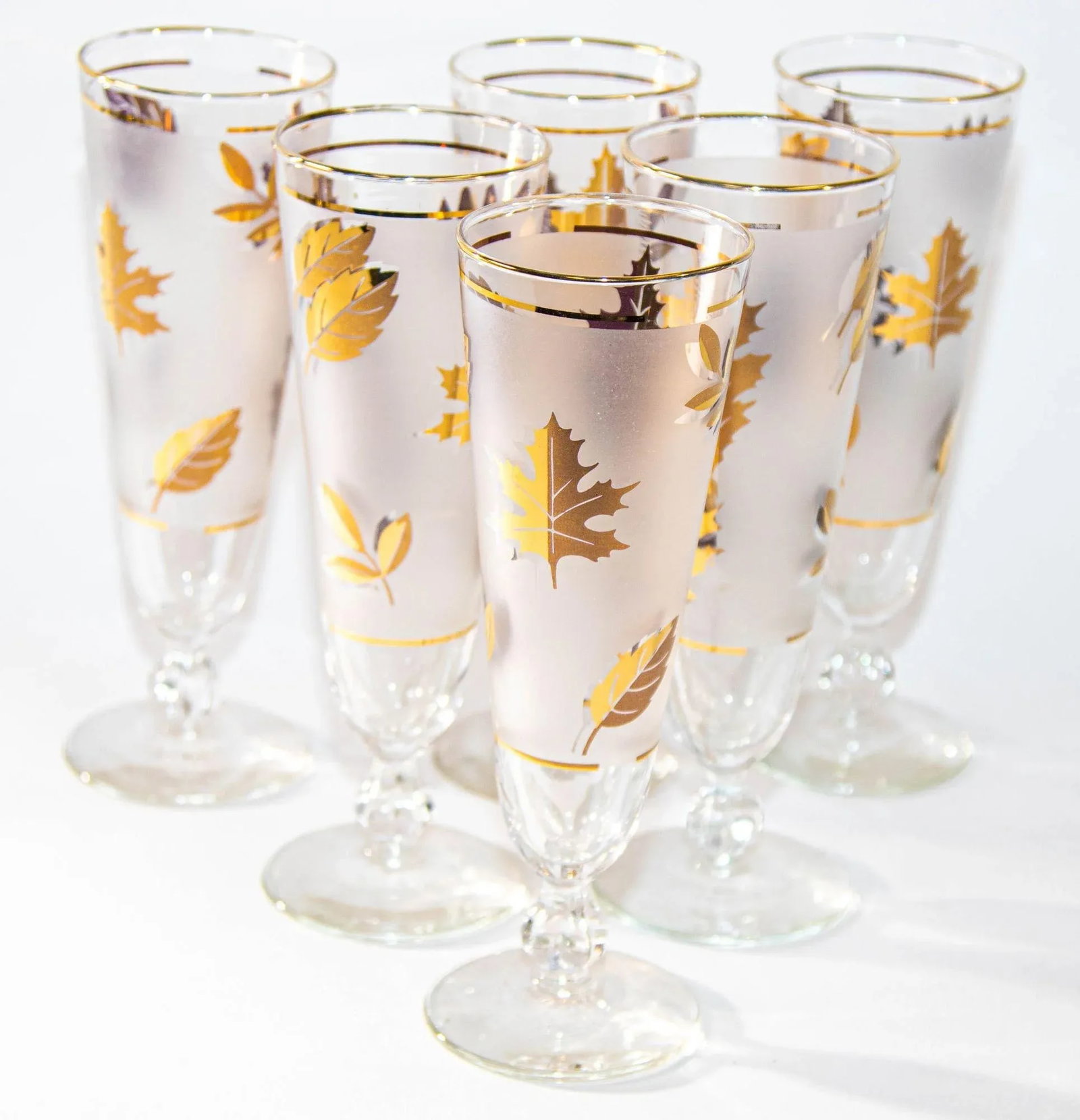 1950s Libbey Golden Foliage Pilsner Glass Set of 6 Frosted With Gold Leaf - 5