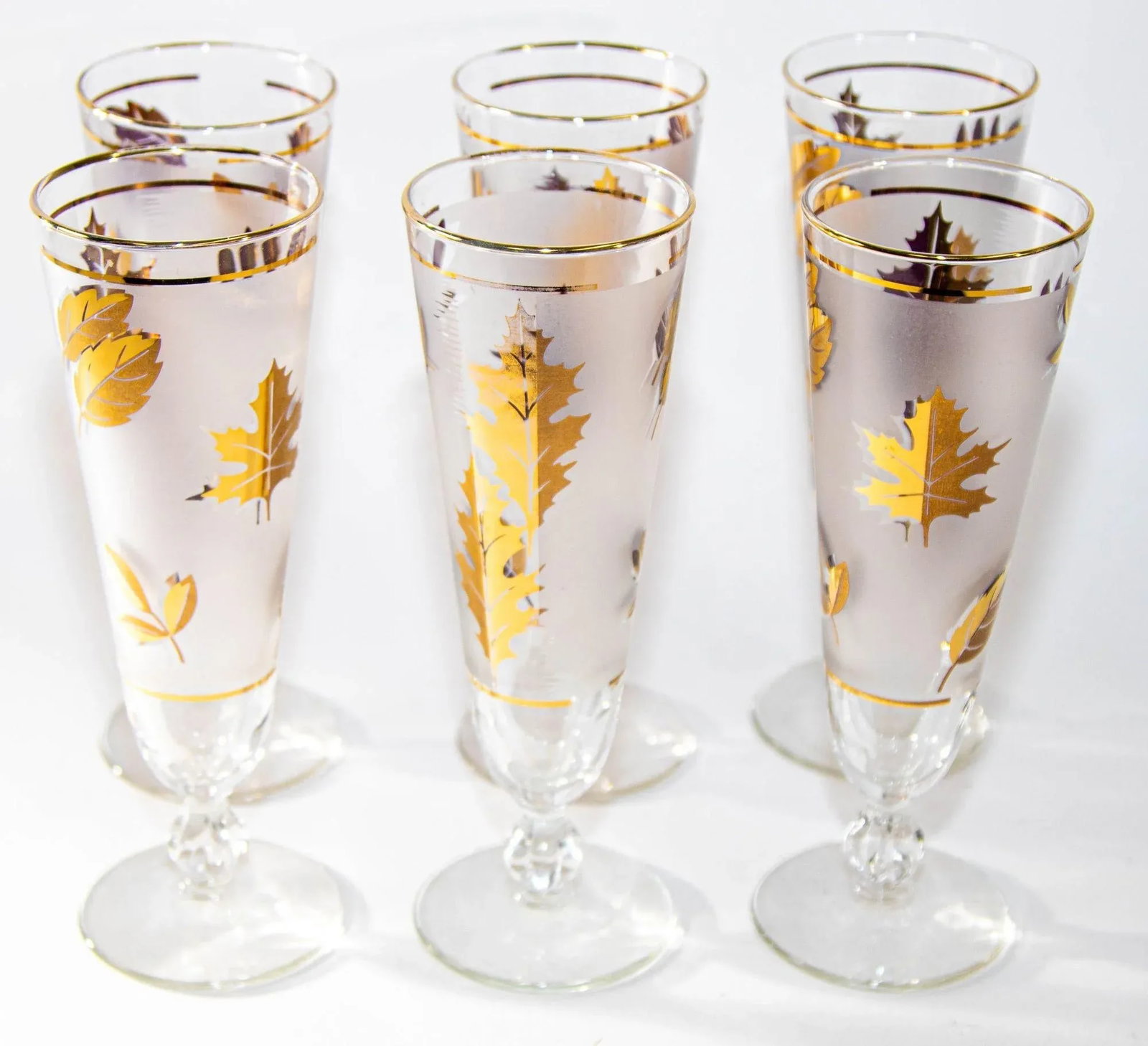 1950s Libbey Golden Foliage Pilsner Glass Set of 6 Frosted With Gold Leaf - 6