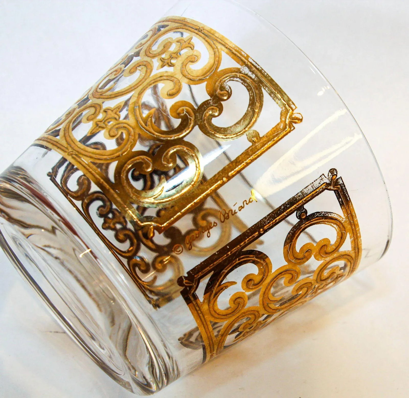 1950s Georges Briard Glass Ice Bucket Luxury Barware 22 K Gold Spanish Scroll - 7