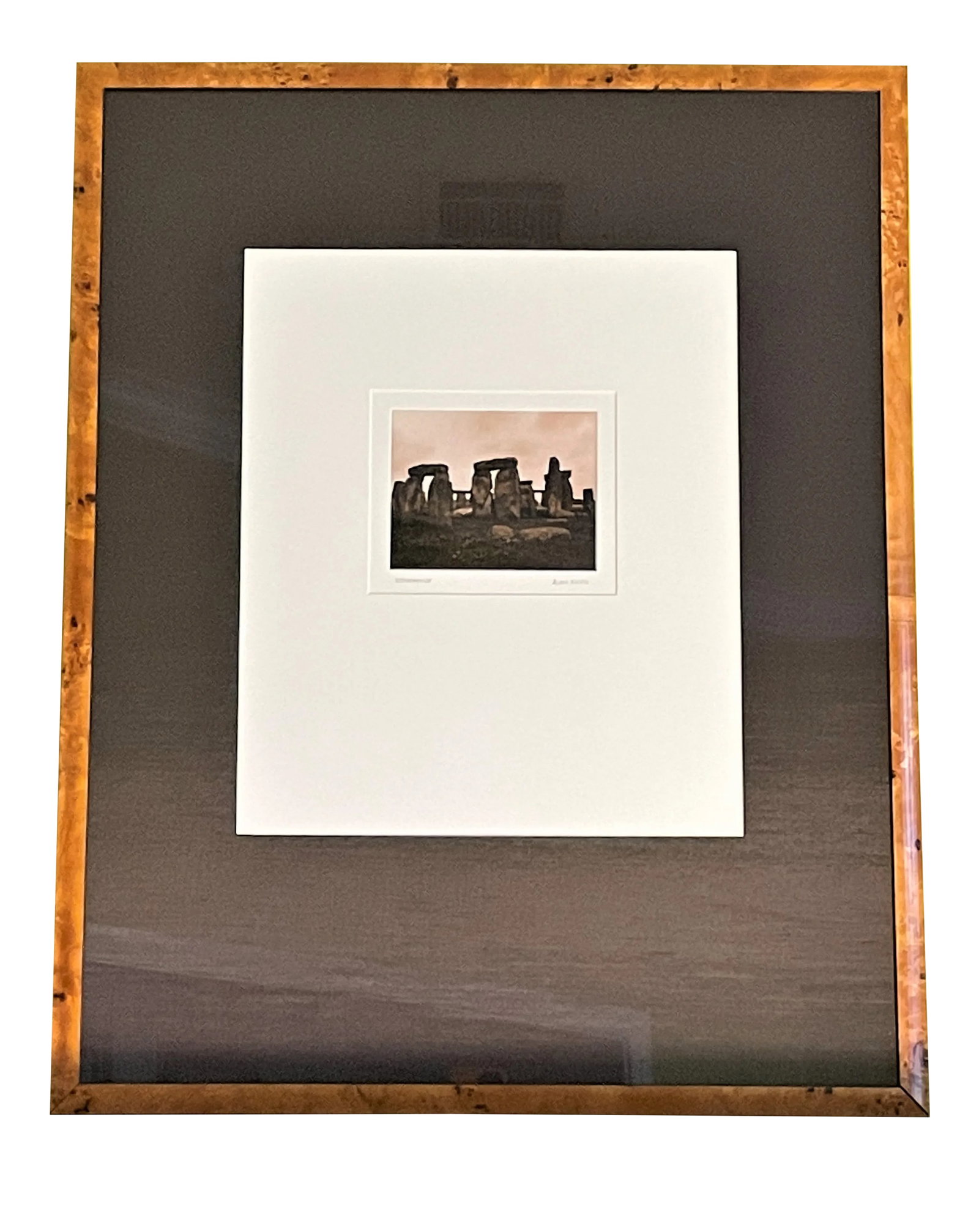 Stonehenge With Flowers Blooming Sepia on Gelatin Silver Photograph by Alan Klug, Framed: This image of Stonehenge by internationally acclaimed photographer, Alan Klug, represents his work before he transitioned to archival pigment ink printing, from true darkroom photography. This
