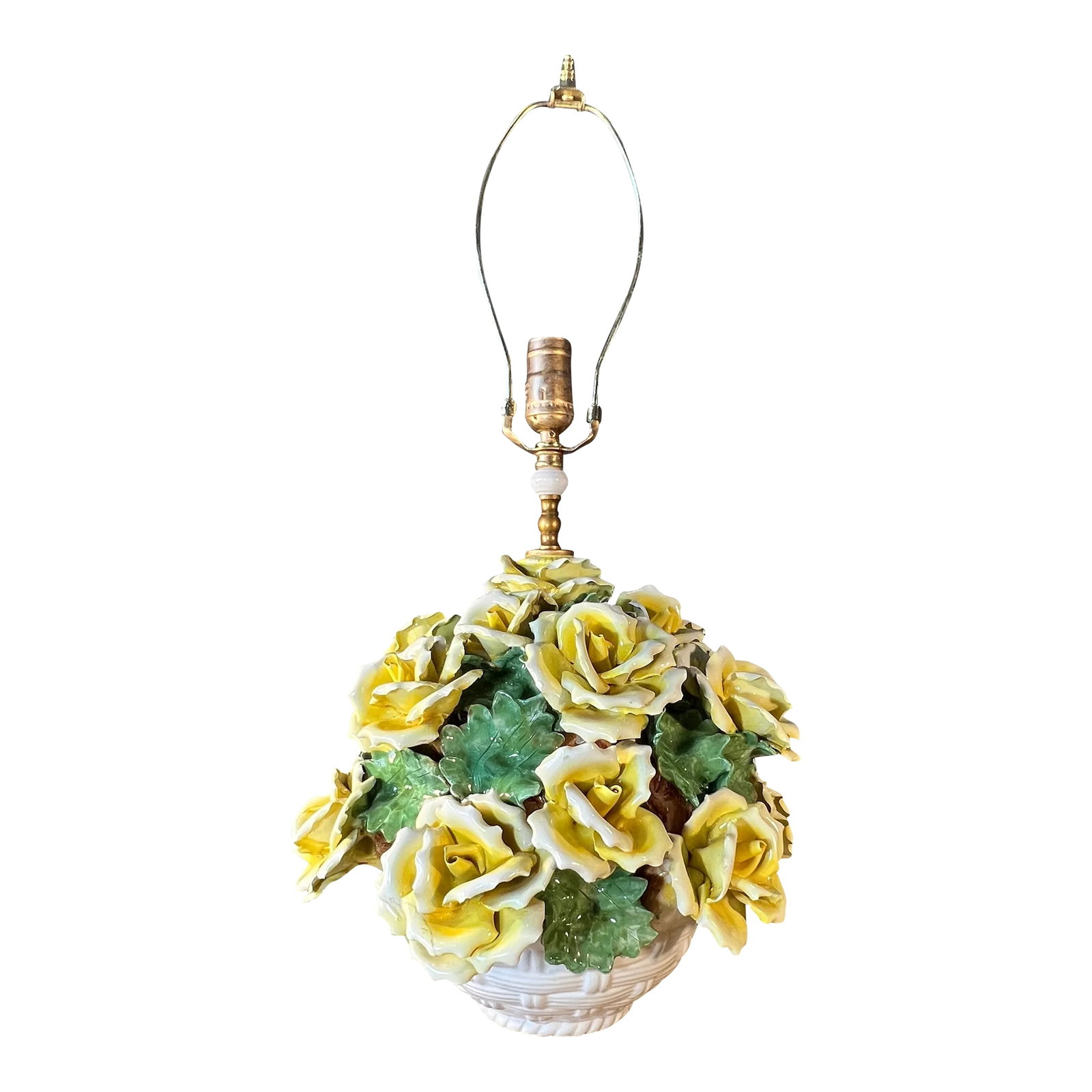 Mid-Century Capodimonte Porcelain Table Lamp White Basket Full of Yellow Roses (1 of 12)
