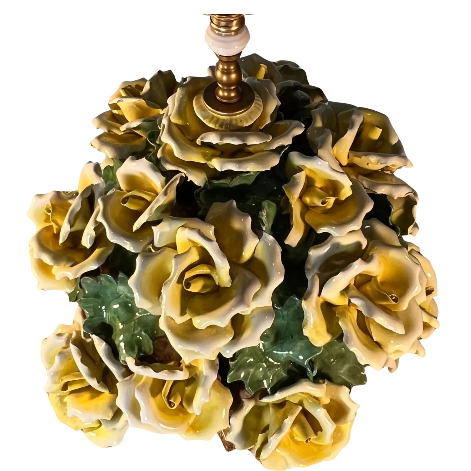 Mid-Century Capodimonte Porcelain Table Lamp White Basket Full of Yellow Roses - 2