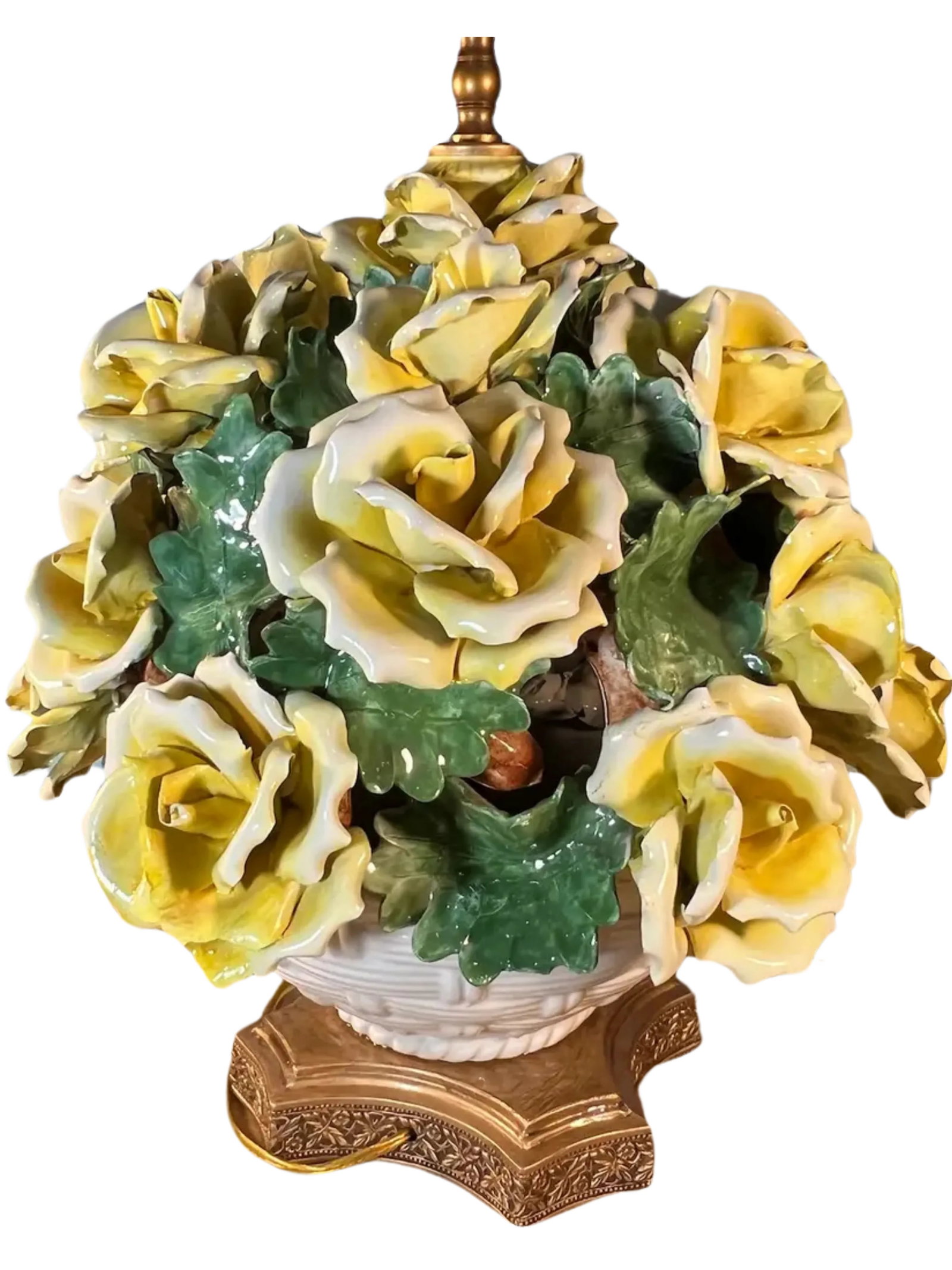 Mid-Century Capodimonte Porcelain Table Lamp White Basket Full of Yellow Roses - 7