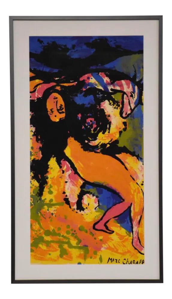 1960s Marc Chagall Serigraph: Seriograph art by Marc Chagall with museum quality glass and a charcoal frame. 17" wide. 29.75" tall. Condition: Alterations: Original Condition Unaltered Imperfections: Some Imperfections Condition N