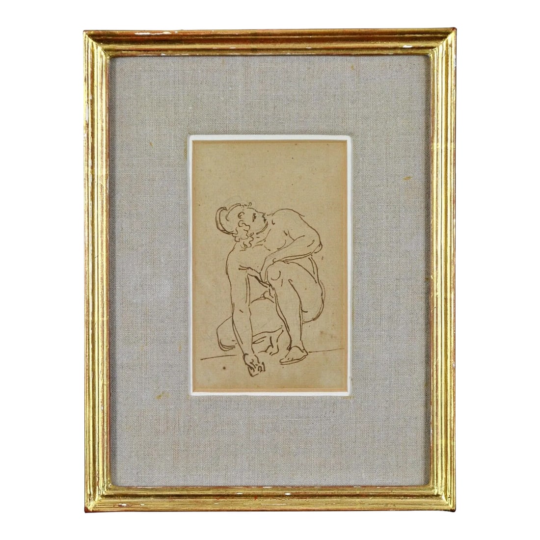 Antique 18th Century Old Master Pen and Ink Drawing of Archimedes: Antique 18th century Old Master pen and ink drawing of Archimedes. Presented in linen mat and gilt wood frame. Measures 10" x 7 5/8" framed; 5" x 3 1/8" sight. Good condition - light wear to frame.