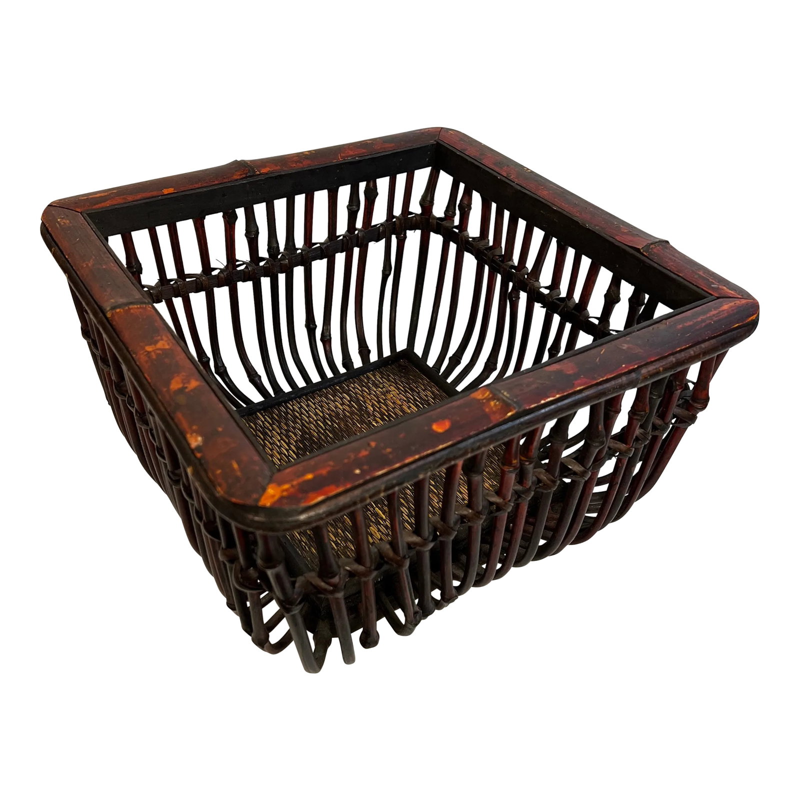 Vintage Boho Chic Torched Bamboo and Reed Square Footed Bowl: Welcome to Turtle and Crane! Let us tell you why this Vintage BoHo Chic Large Japanese Smoked Bamboo and Rattan Footed Square Bowl is a must-have for your collection. Firstly, its vintage charm adds