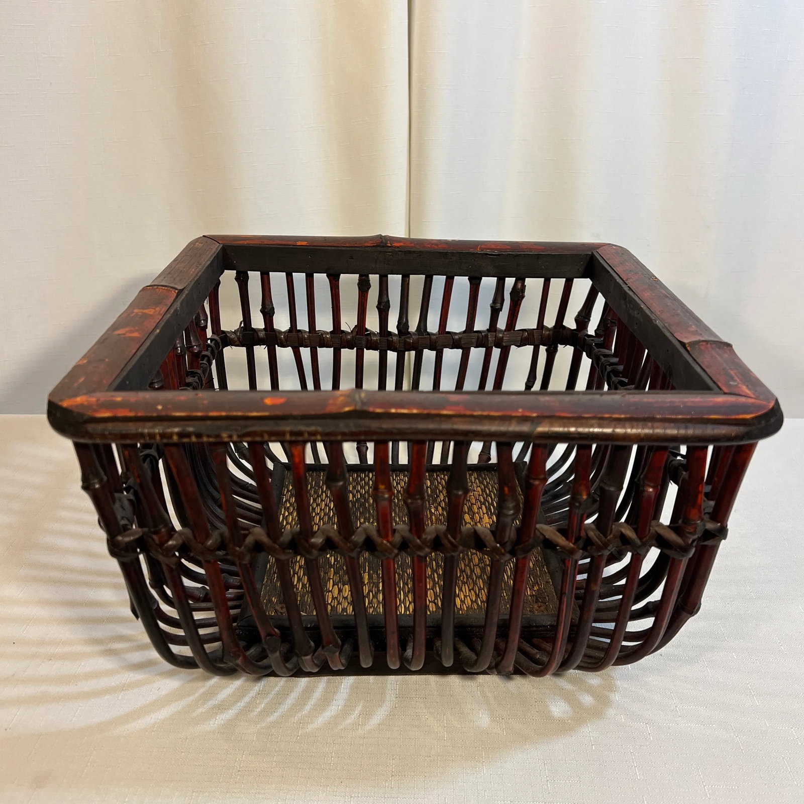 Vintage Boho Chic Torched Bamboo and Reed Square Footed Bowl - 2