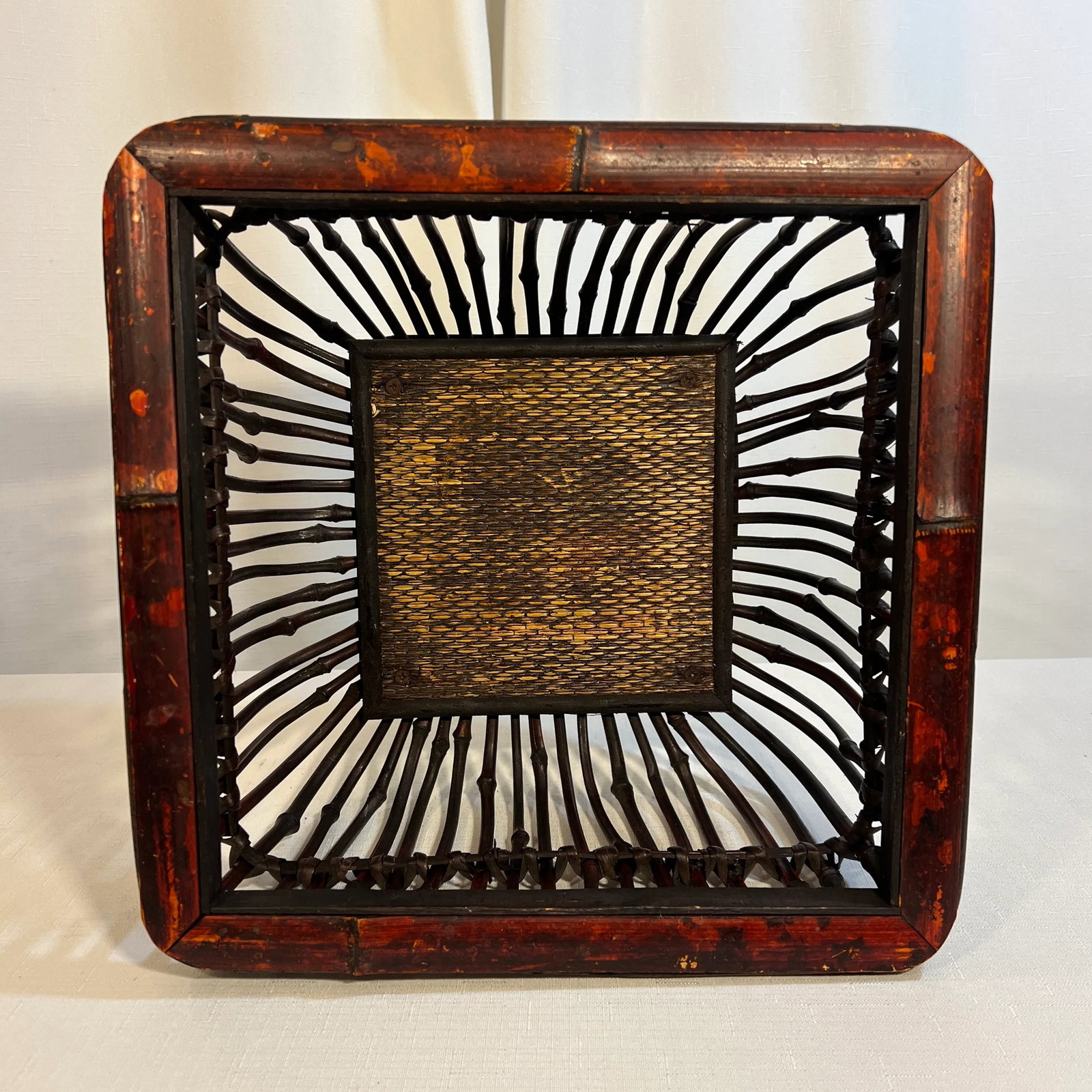 Vintage Boho Chic Torched Bamboo and Reed Square Footed Bowl - 3