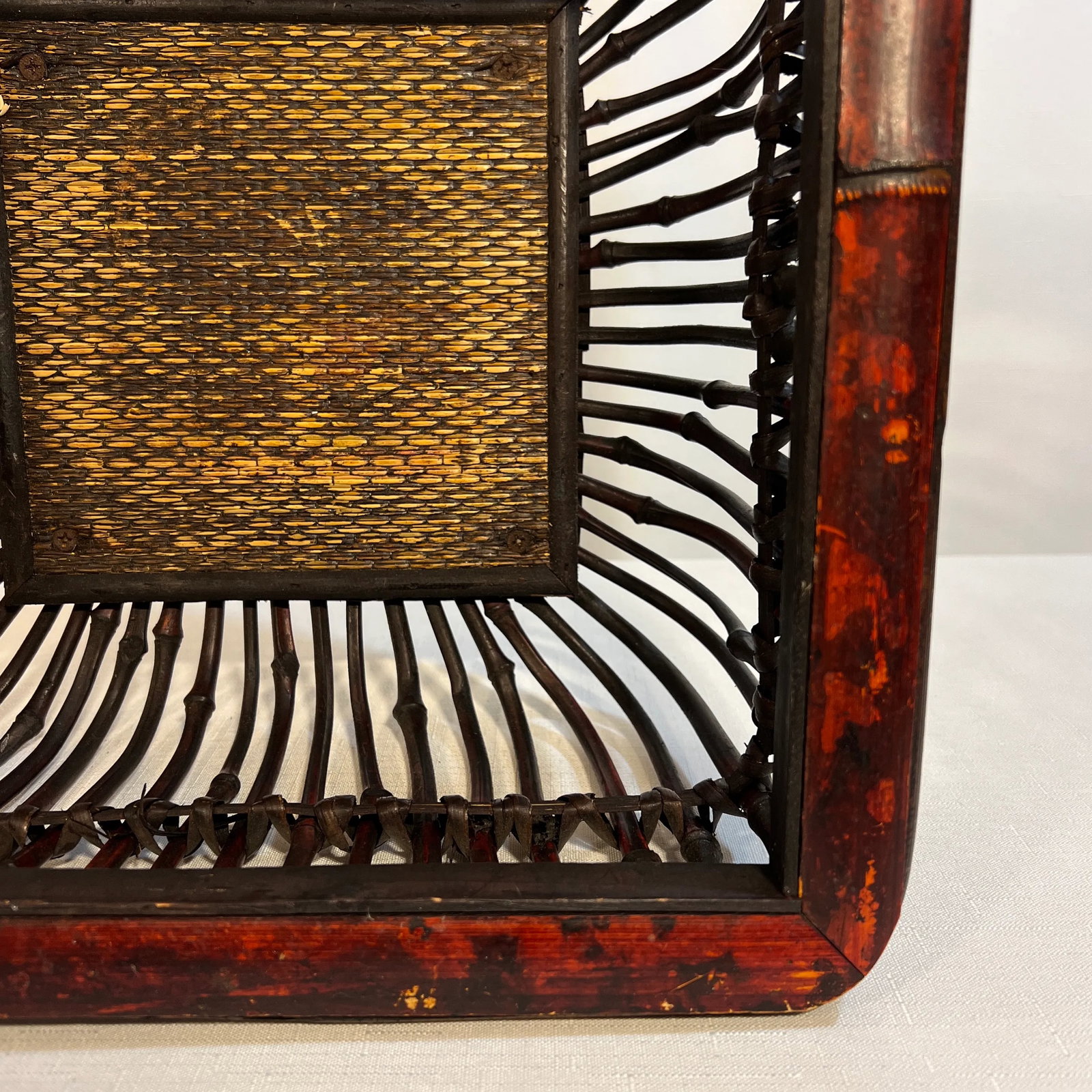 Vintage Boho Chic Torched Bamboo and Reed Square Footed Bowl - 5