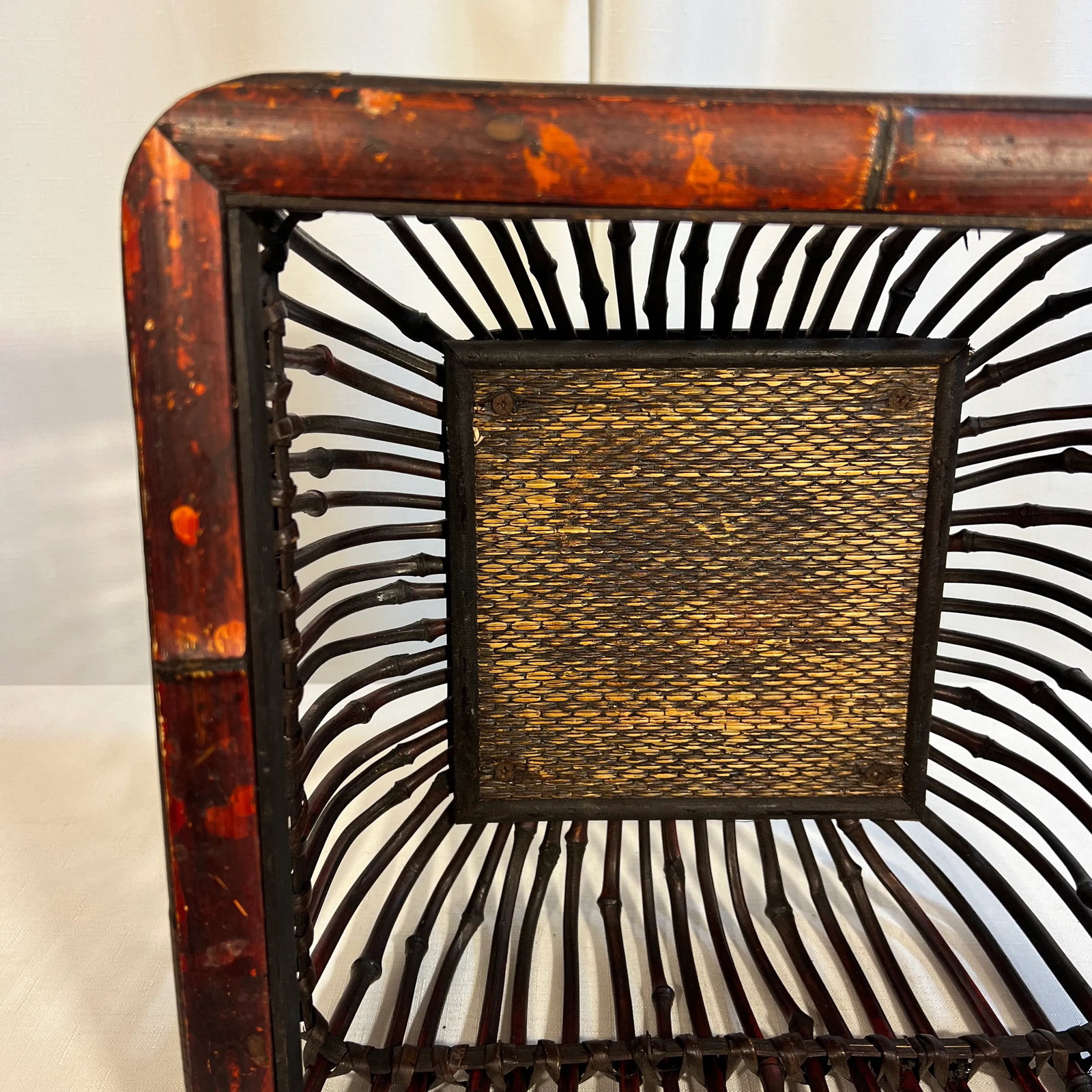 Vintage Boho Chic Torched Bamboo and Reed Square Footed Bowl - 6