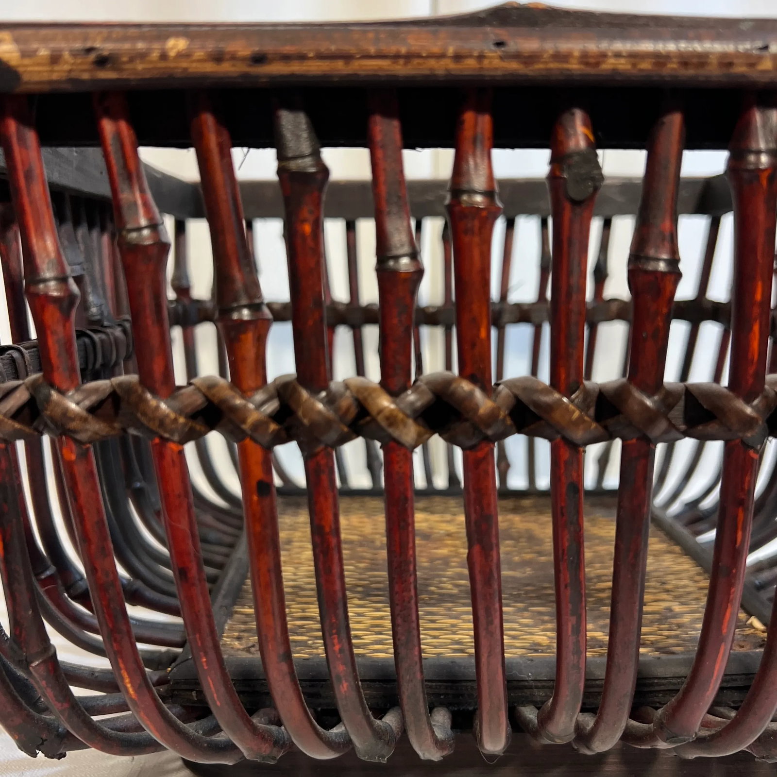 Vintage Boho Chic Torched Bamboo and Reed Square Footed Bowl - 7