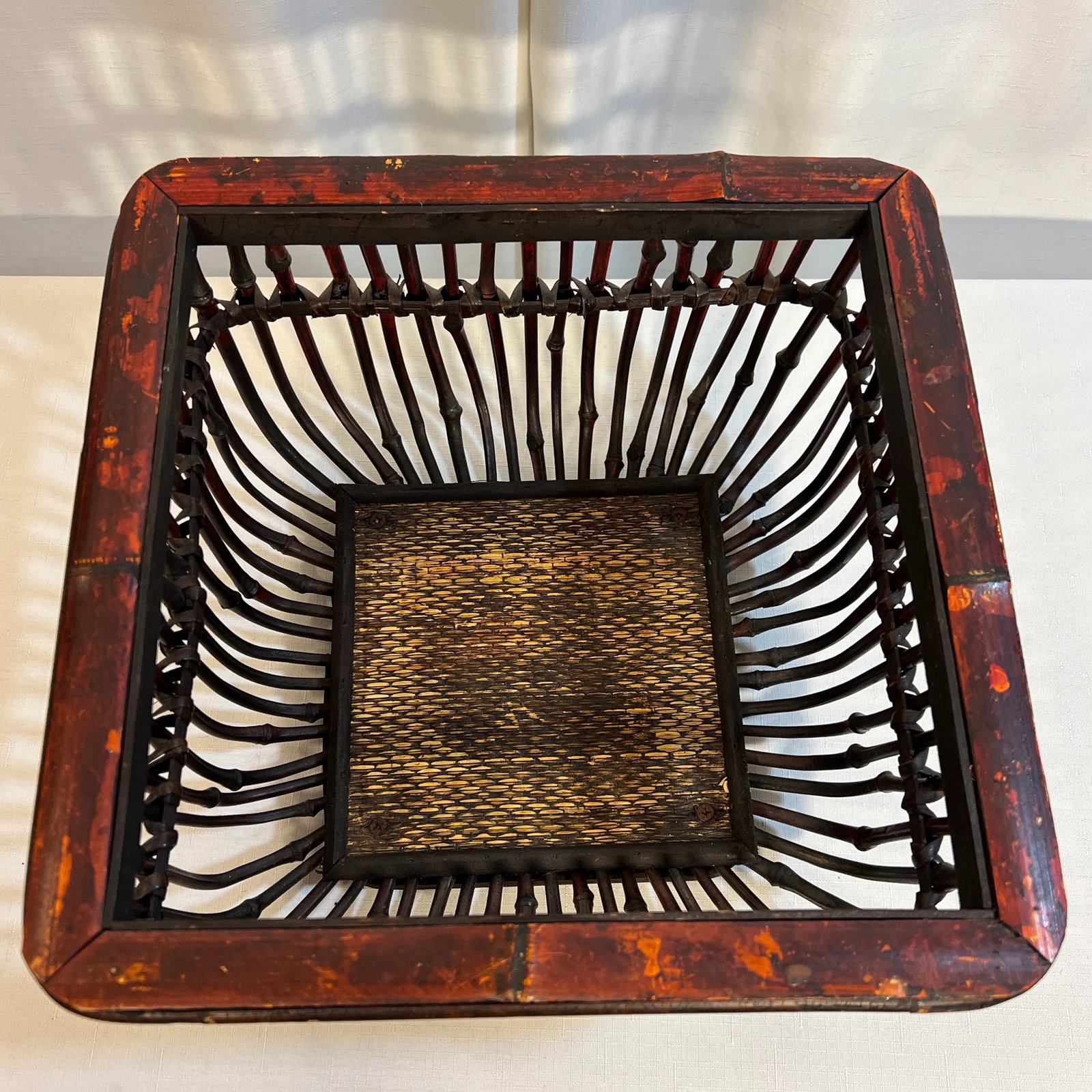 Vintage Boho Chic Torched Bamboo and Reed Square Footed Bowl - 9